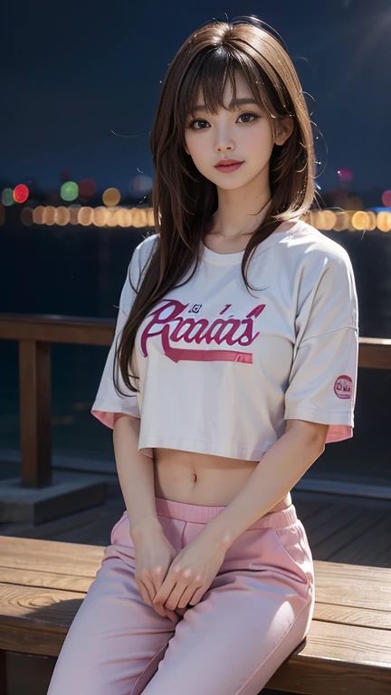 One Japanese idol, (RAW Photos, highest quality), (Realistic, Photorealistic:1.4), Tabletop, Very delicate and beautiful, Very detailed, 8k wallpaper, wonderful, In detail, Very detailedなCG Unity, High resolution, Soft Light, beautiful detailed 25 years old, Very detailedな目と顔, Beautifully detailed nose, Beautiful fine details,Cinema Lighting,City lights at night,thin,smile, (Medium Hair, My hair is messy, Asymmetrical bangs, Light brown hair)、bubblegum pink、Sports Jerseys、Athleisure style clothing、Jogger bottoms、Or track pants、Dressed in a casual and comfortable style