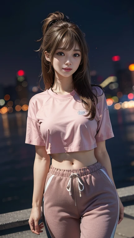 One Japanese idol, (RAW Photos, highest quality), (Realistic, Photorealistic:1.4), Tabletop, Very delicate and beautiful, Very detailed, 8k wallpaper, wonderful, In detail, Very detailedなCG Unity, High resolution, Soft Light, beautiful detailed 25 years old, Very detailedな目と顔, Beautifully detailed nose, Beautiful fine details,Cinema Lighting,City lights at night,thin,smile, (Medium Hair, My hair is messy, Asymmetrical bangs, Light brown hair)、bubblegum pink、Sports Jerseys、Athleisure style clothing、Jogger bottoms、Or track pants、Dressed in a casual and comfortable style