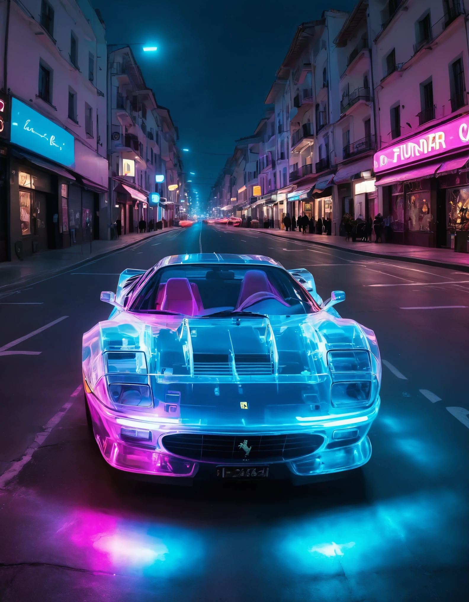 image of a 1984 white ferrari testossa fully transparent translucent, you can see the engine through her transparent skin, She is on a futuristic cyber street lit with blue and pink neon