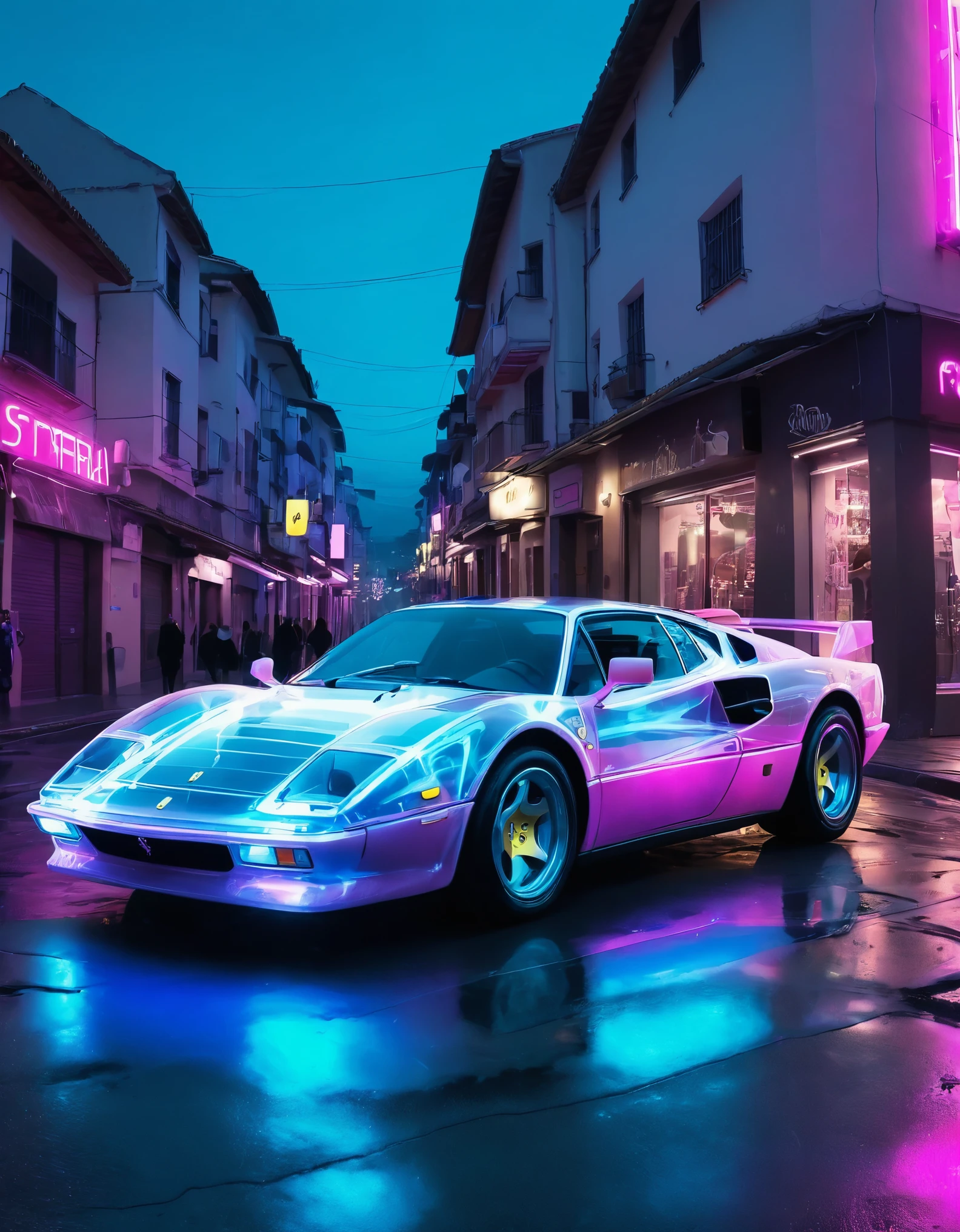 image of a 1984 white ferrari testossa fully transparent translucent, you can see the engine through her transparent skin, She is on a futuristic cyber street lit with blue and pink neon