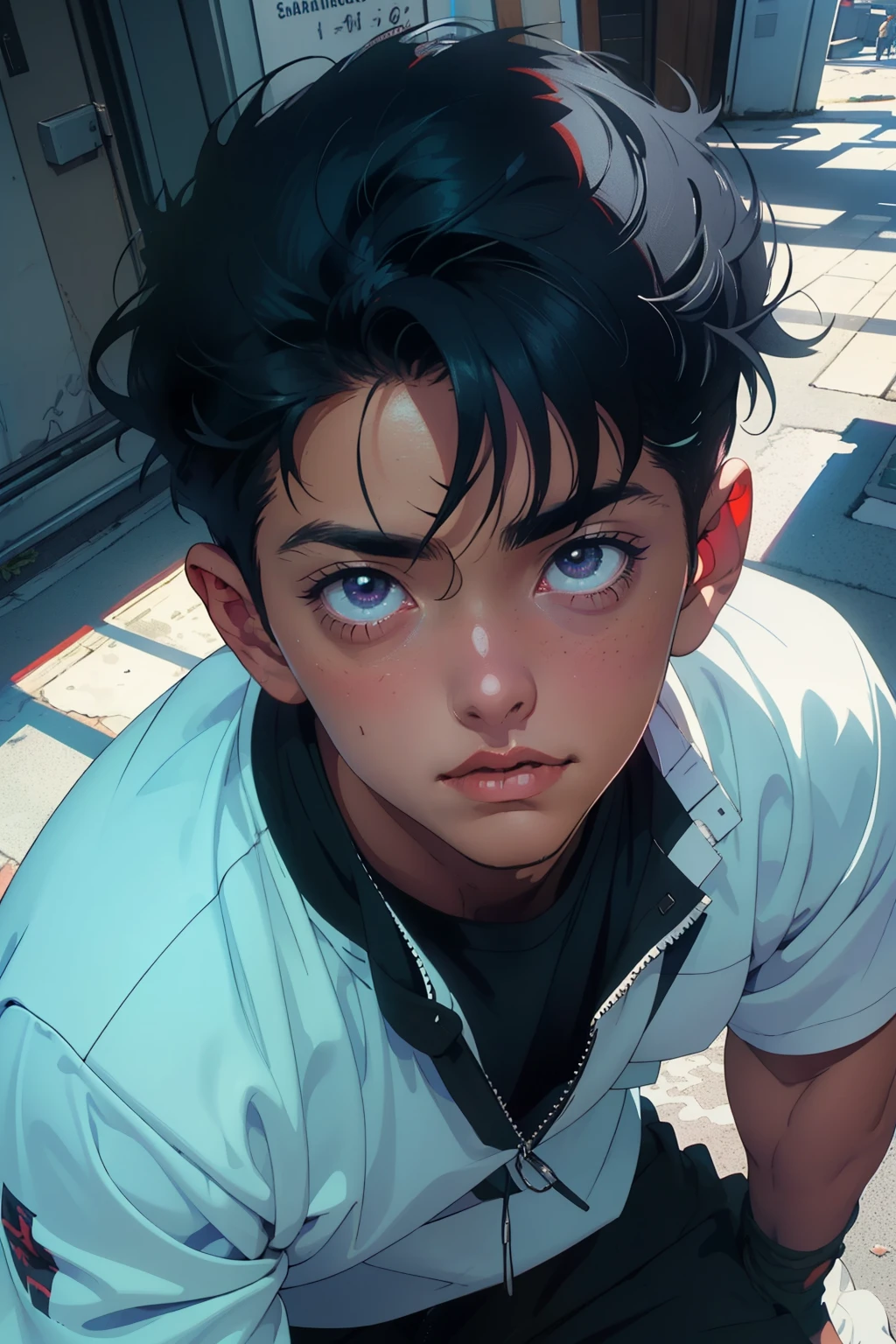 ((best quality)), ((masterpiece)), (detailed), 1male, full body, standing, black hair, , tall muscular guy, 80s anime, gothic boy, looking at viewer, straight-on, finely detailed eyes and detailed face, extremely detailed CG unitymasterpiece, 1990s anime, handsome, details clothes