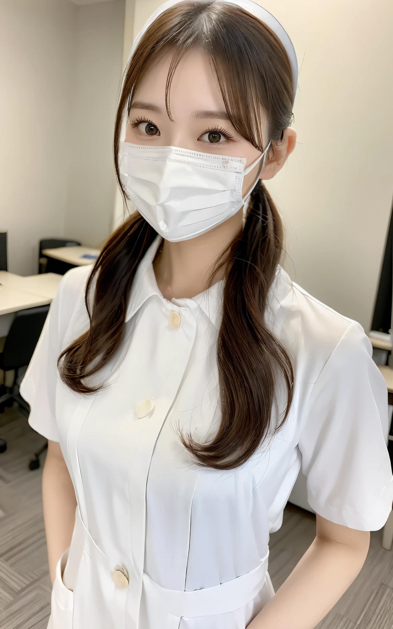 (Best quality, 8k, 32k, Masterpiece, UHD:1.2), 1 girl, ((full body shot:1.2)), beautiy Japanese office lady, (smile:0.5), (looking at the viewer), bit chubby, wearing white nurse uniform with mask, office room, desk, detailed beautiful face, pony-tail hair, from front,