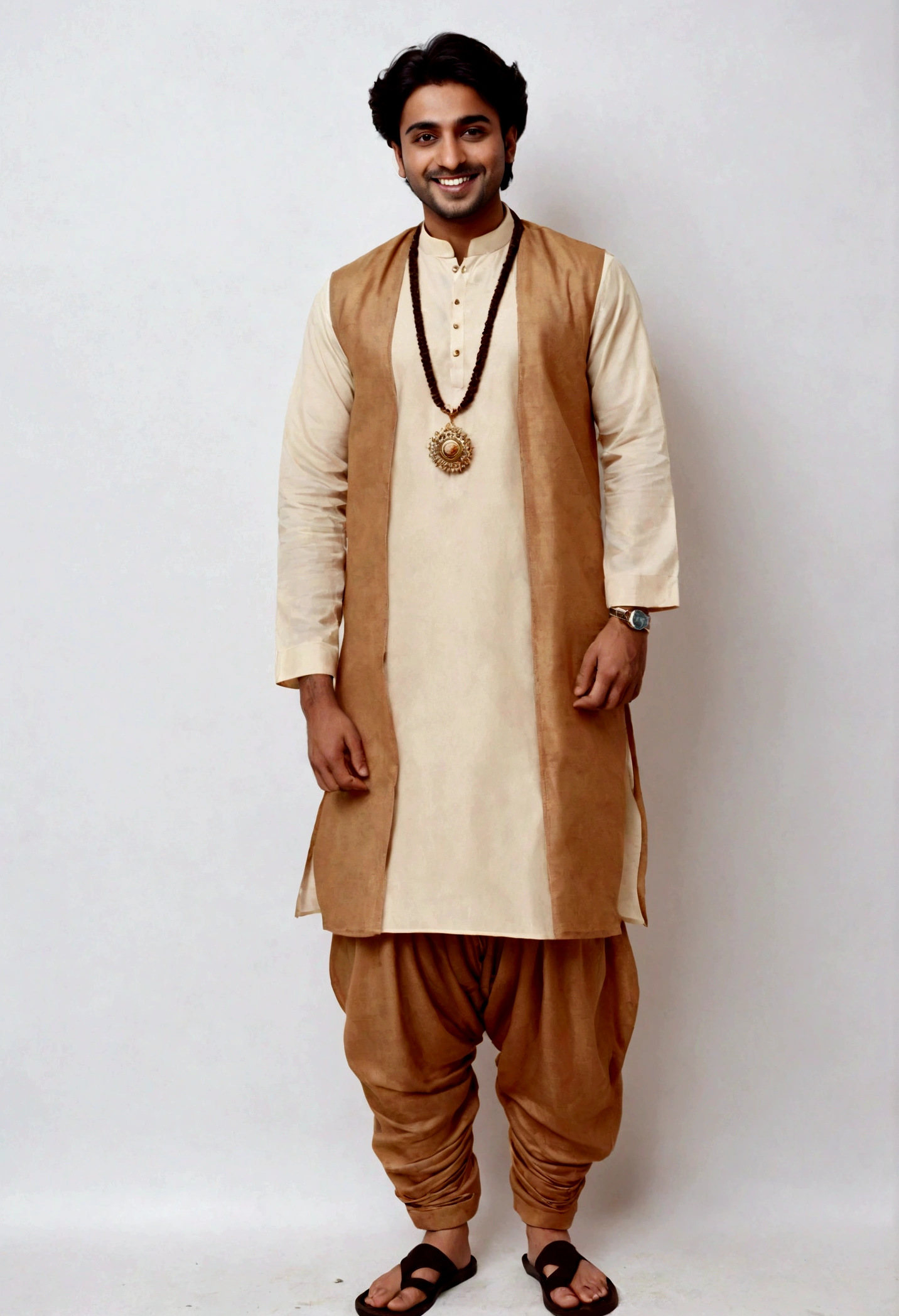  Create a full-body image from head to toe of Faiz_the_Eco-Magician standing against a white backdrop. Faiz is deeply rooted in Lahore's rich environmental and historical heritage. They have a warm, dark-brown skin tone that reflects their Balochi heritage. Their face is round with a big smile, a friendly and inviting expression, large almond-shaped brown eyes that sparkle_with_curiosity_and_kindness, and bushy eyebrows. Faiz's hair is black, cropped very close to skin, with a braid playfully falling across their left shoulder They stand at approximately 5 feet 8 inches tall, with a slightly obese physique, embodying a healthy and approachable presence. Faiz is dressed in traditional Pakistani attire a white dhoti and beige khaddar kurta with an earth theme pendant and bangle. They wear a rust wornout khussa. In one hand, Faiz holds small paper flower., masterpiece, anatomically correct, textured skin, super detail, high details, high quality, award winning, best quality, HD