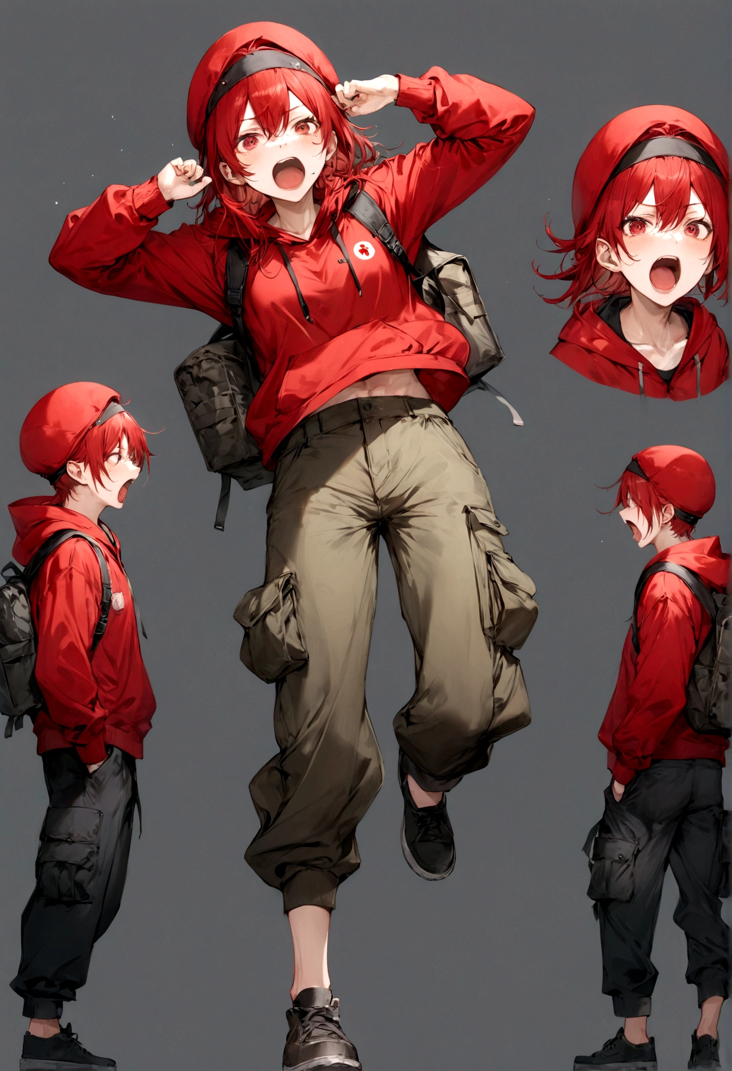 Japanese、Red Hair、Put a red hoodie on your head、Full body portrait、No background、Wearing cargo pants、Screaming、Adult male