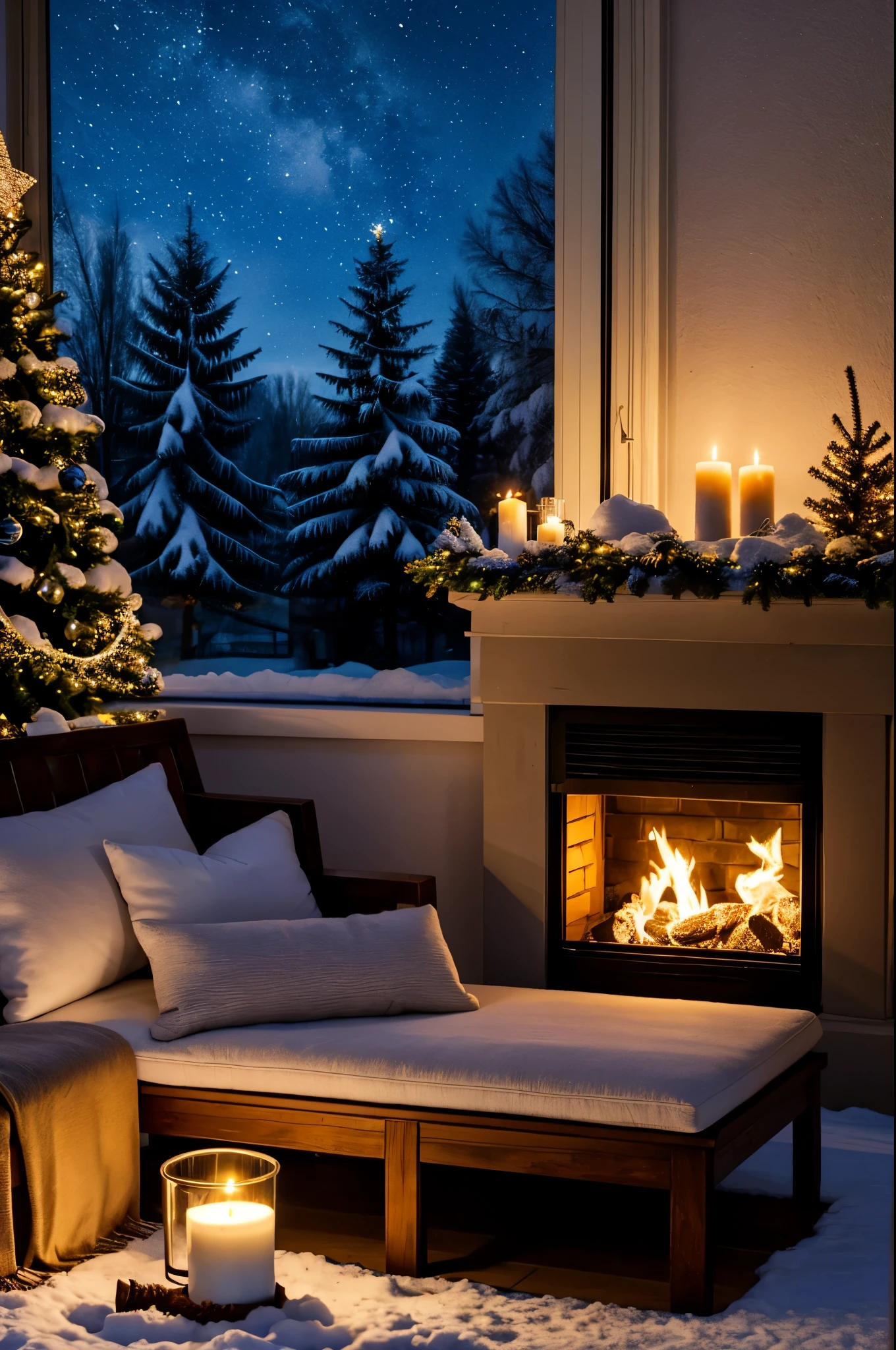 night,ilian, landscape, sofa, window, christmas tree, book, outdoor snow scene, bookshel, winter, lamp, pillow, tableloor, fireplace, candle, mat, fire, day, door,clora:jljian XLV2-000004:0.8> Masterpiece, Best Quality