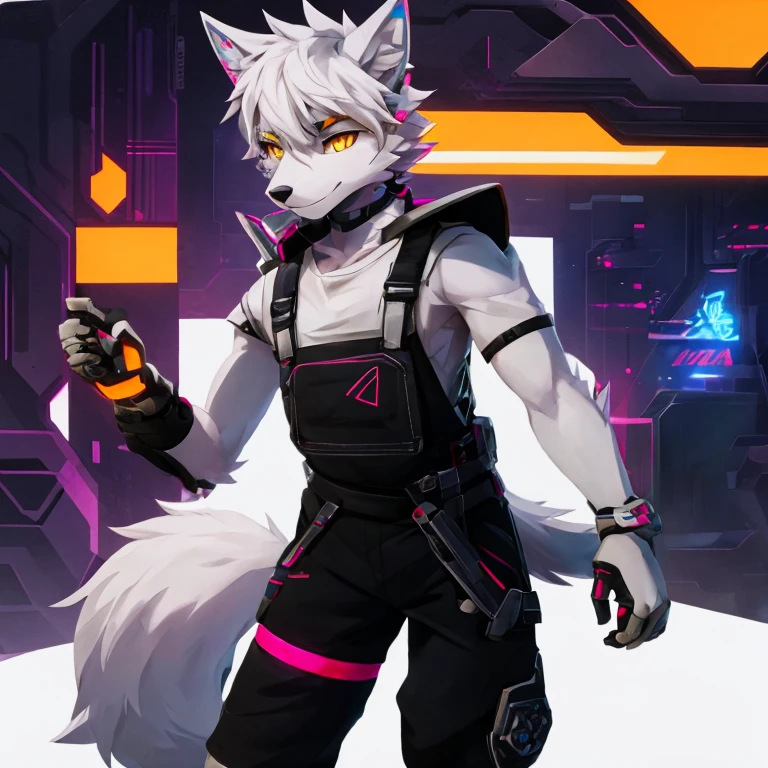 cyber punk perssonage,epcot,Tech style,solo person,White body,White ears,White hair,Overall white,Orange-yellow eyes,Wolf tail,Wolf orcs,Young,Wear a short-sleeved shirt,Ultra-clear screen,Soft lines