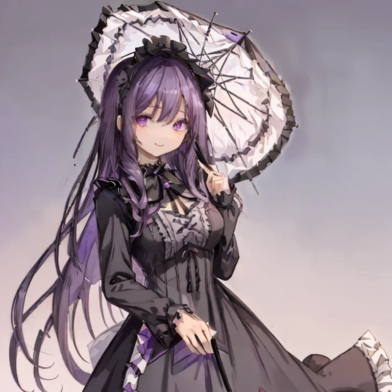 1 girl、Mature、Ample breasts、Purple Hair、Long Hair、Curly Hair、Vertical roll hair、Long Hair、Half Twin、Sharp Eyes、Black Dress、Lolita Costume、A seductive smile、Holding a black parasol、Gothic Lolita umbrella with frills、