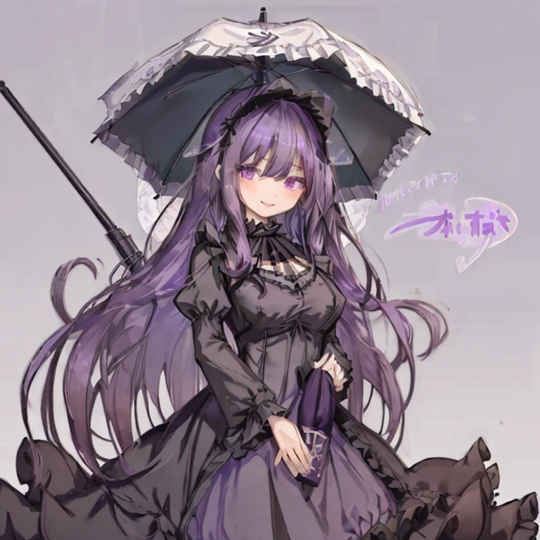 1 girl、Mature、Ample breasts、Purple Hair、Long Hair、Curly Hair、Vertical roll hair、Long Hair、Half Twin、Sharp Eyes、Black Dress、Lolita Costume、A seductive smile、Holding a black parasol、Gothic Lolita umbrella with frills、