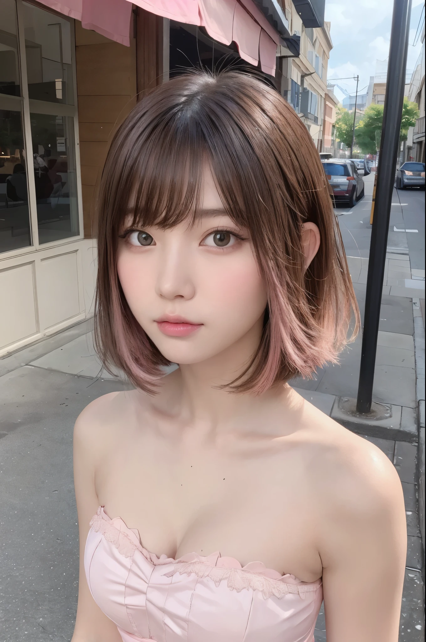 One Girl, Putting on makeup:1.6、eye shadow:1.8、A sulky face with puffed cheeks like a child:1.9、(Beautiful girl, Delicate girl:1.3), (15 years old:1.3),
break, (pink strapless camisole:1.7),break, Very fine grain definition, (Symmetrical eyes:1.3),
break, (Street Snap:1.3), perfectly trimmed fingers,
break, Small breasts, Brown eyes, Parted bangs, Brown Hair,
break, (Eye and facial details:1.0),
break, (masterpiece, highest quality, Super detailed, Detailed face, 8k)