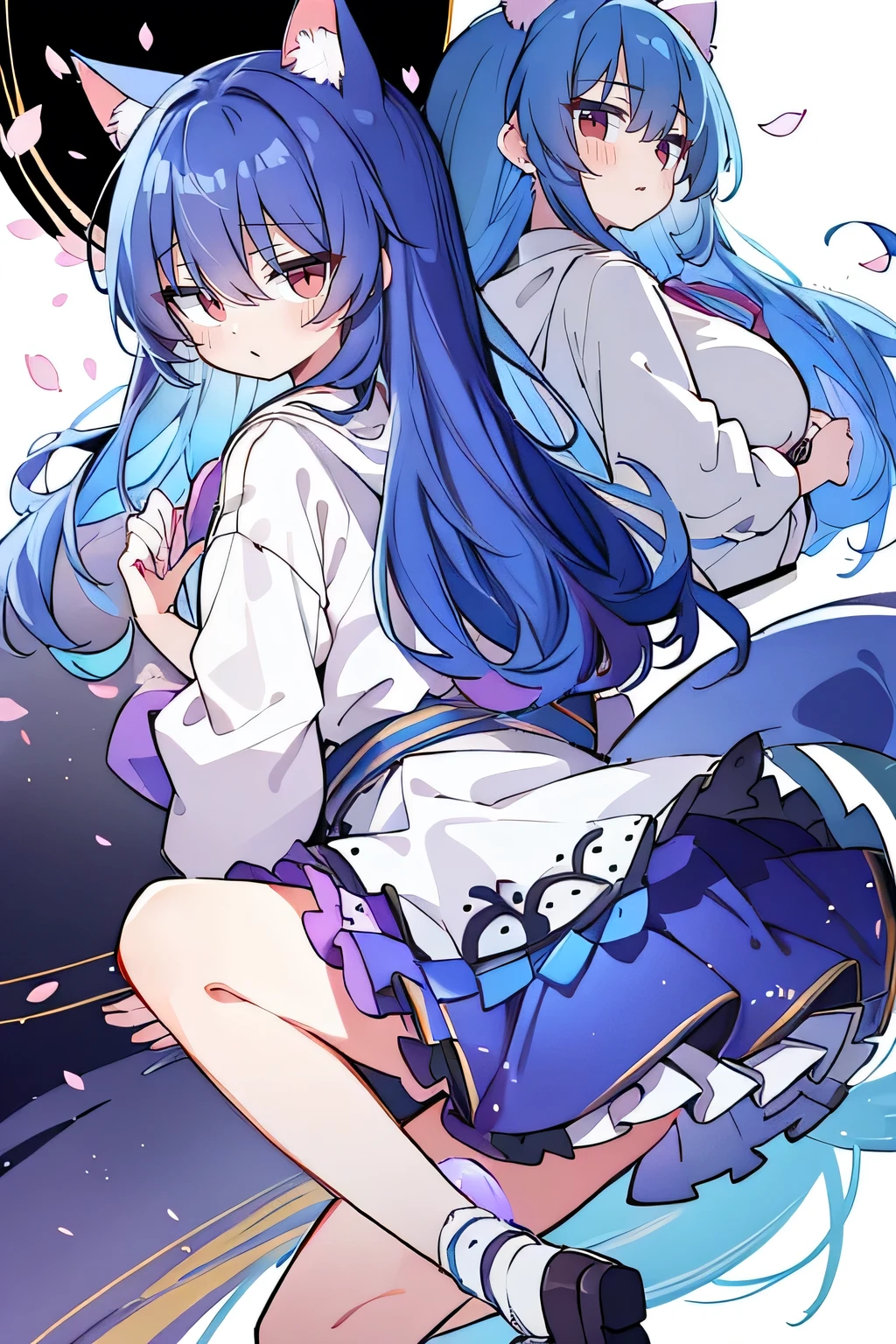(masterpiece:1.2),Super detailed,lifelike,Expressive eyes,fair skin,perfect face shape,1 girl,
Japanese comics,Gorgeous blue hair,flowing blue hair,flowing clothes,Cat ears,Petals fall,beautiful lola,Baby Angel,
Shaking head with one hand,Cross your legs,Gentle and peaceful background,The pavilion is cool and comfortable,smile, wearing hoodie, background of tokyo,back views.