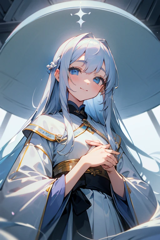 saint、A kind face、Silver Hair、delicate、masterpiece、highest quality、cute、A light smile、Japanese、Clothes、beautiful、Full Color、chest、From below、Focus on the eyes、Long Hair、woman、young、Light blue eyes