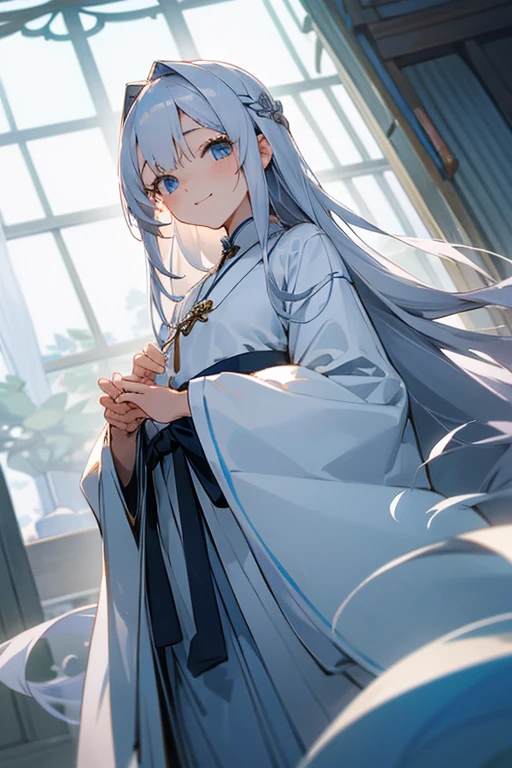 saint、A kind face、Silver Hair、delicate、masterpiece、highest quality、cute、A light smile、Japanese、Clothes、beautiful、Full Color、chest、From below、Focus on the eyes、Long Hair、woman、young、Light blue eyes