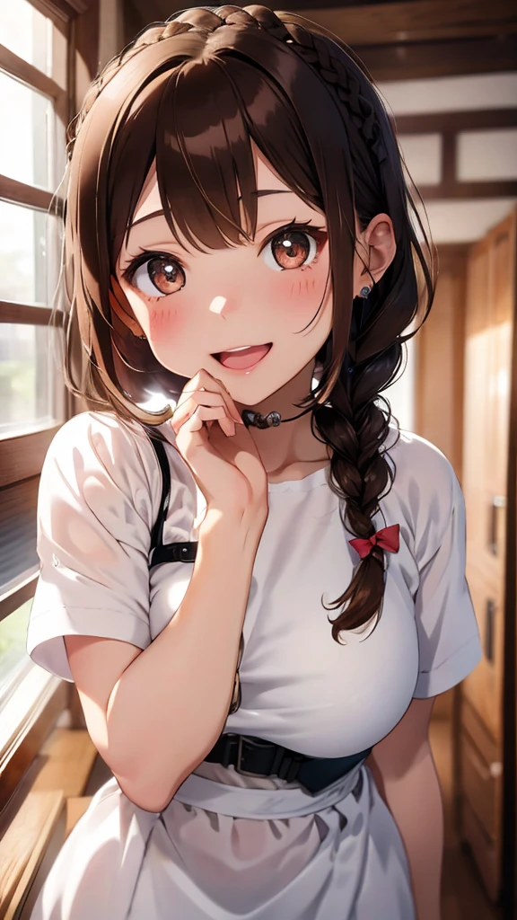 (brown hair:1.4),(brown eyes:1.4),((Braided shorthair:1.3)),((With bangs)),((Valentine:1.4)),(blush),((Gentle smile with open mouth:1.2)),((A colorful and cute world with POP:1.3)),(Soft taste:1.6),((fashion//pure white nurse costume、Glossiness:1.25)),(cute pose:1.3),(I like you so much♡:1.6),((slouch:1.3)),((tits:1.1)),(close up of face:1.2)