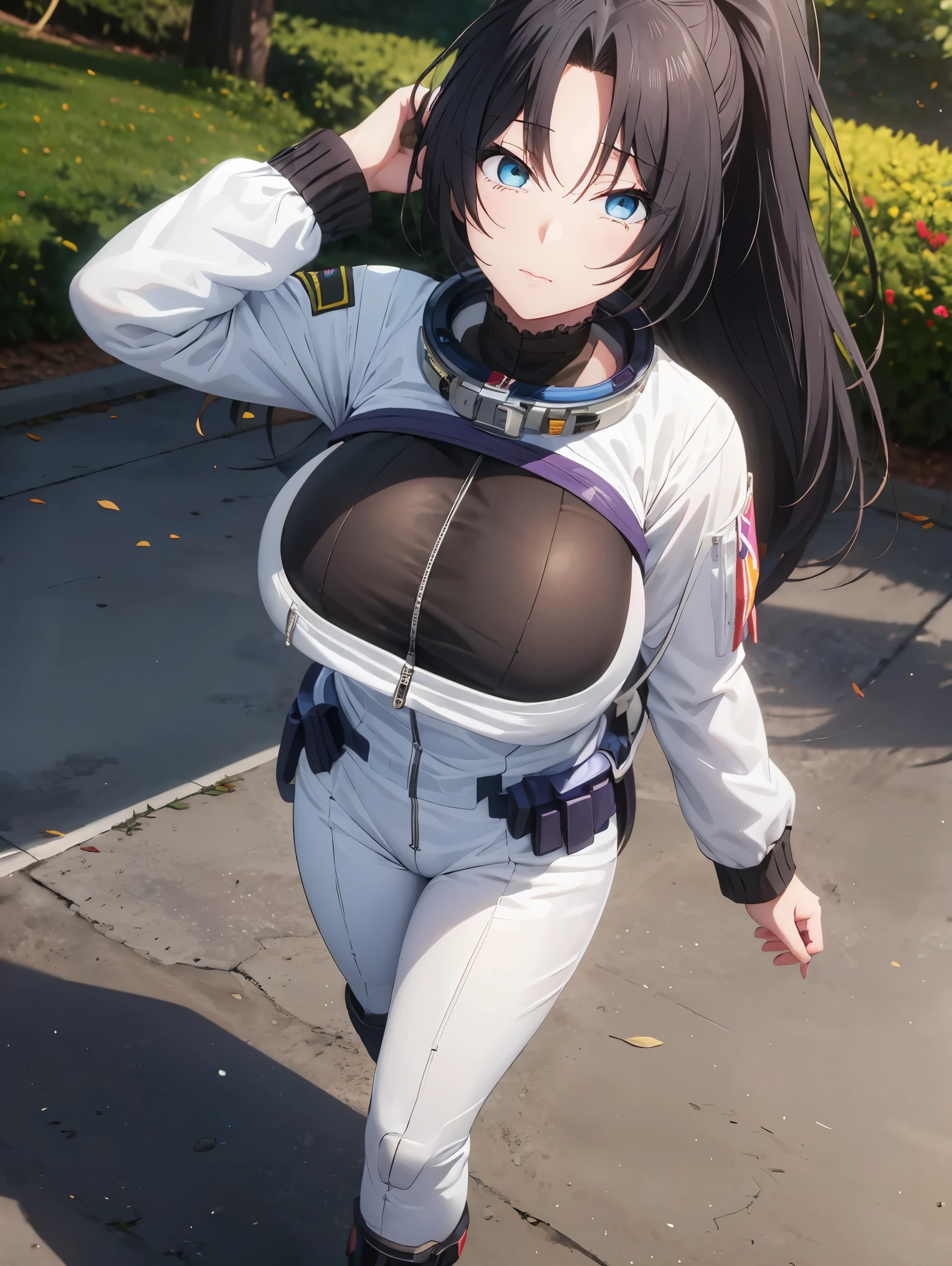 1 adult woman,astronaut uniform,long hair,black hair,ponytail,big breast,Looking at viewer,Dominique de sade,Blue eyes,Walk, In the park, ultra detail, ultra HD