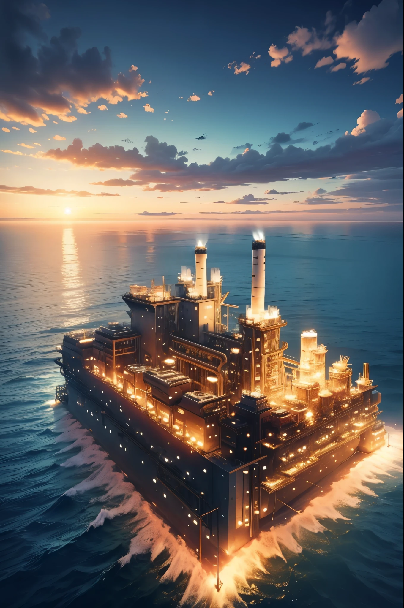 (((The offshore plant floats on the ocean.:1.5))),((Transport:1.5)),(Beautiful ocean drawing),(Gentle sunset),(Aerial photos),(((masterpiece:1.5),(highest quality:1.5),(Very detailed:1.5),(High resolution:1.5),(Realistic:1.5),(RAW Photos:1.5),(Delicate depiction),(Gentle colors))),8k,wallpaper