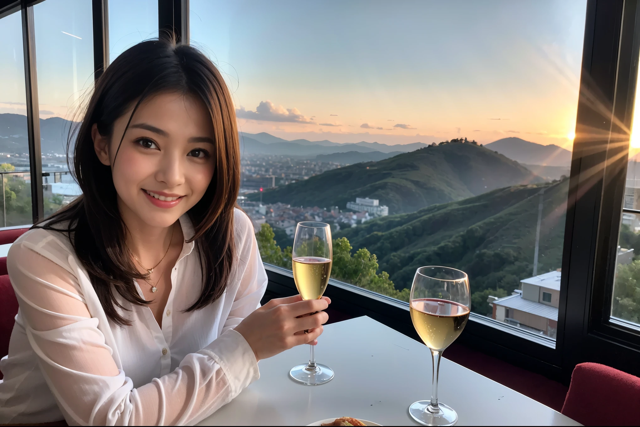 ((highest quality、8k、masterpiece:1.3))、1 male、1 female、Spouse、Beautiful couple、smile、 (Slim face), (the body is スリム), (Brown Hair), (Shortcuts), テーブルの上のwine glass、Please shine a light on my face、 Amazing view of the sunset sky and clouds、Amazing mountain views、smileの美しさ、Bright image、Blushing, Shortcuts,Bright Face、 (Age 35), 39 years old, red wine 、Appetizers、Italian food、Wine bottle、Champagne、sparkling wine、Long sleeve shirt、dress、Attractive beauty、restaurant, Nova Frog Style, actress, model, Upper Body, White wine, red wine, wine glass, 