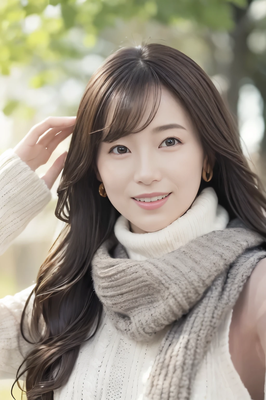 1woman, mature ,solo, ((cowboy -shot)),slender,((sweater and scarf)), ((soft smiling)), (best quality,8k,highres,masterpiece:1.3), (crystal clear white skin),ultra-detailed, (realistic,photorealistic,photo-realistic:1.37), portrait, cinematic, warm lighting, medium format, golden hour, dramatic shadows, vibrant colors,((hair up)),(( waving long hair by Wind)),