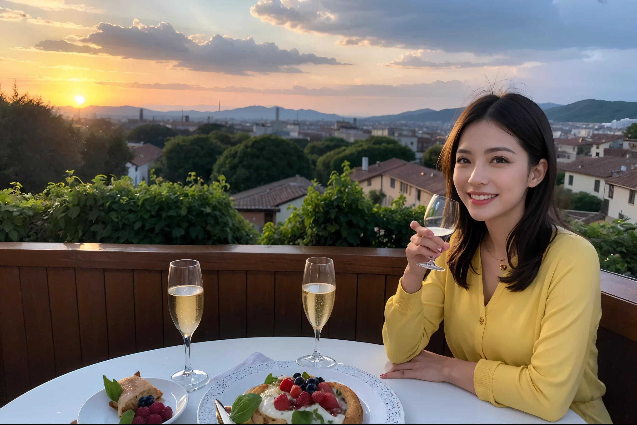 ((highest quality、8k、masterpiece:1.3))、1 male、1 female、Spouse、Beautiful couple、smile、 (Slim face), (the body is スリム), (Brown Hair), (short hair), テーブルの上のwine glass、Please shine a light on my face、 Amazing view of the sunset sky and clouds、Berry Short,Bright Face、 (Age 35), 39 years old, red wine 、Appetizers、Italian food、Wine bottle、Champagne、sparkling wine、Long sleeve shirt、dress、Attractive beauty、restaurant, Nova Frog Style, actress, model, Upper Body, White wine, red wine, wine glass,