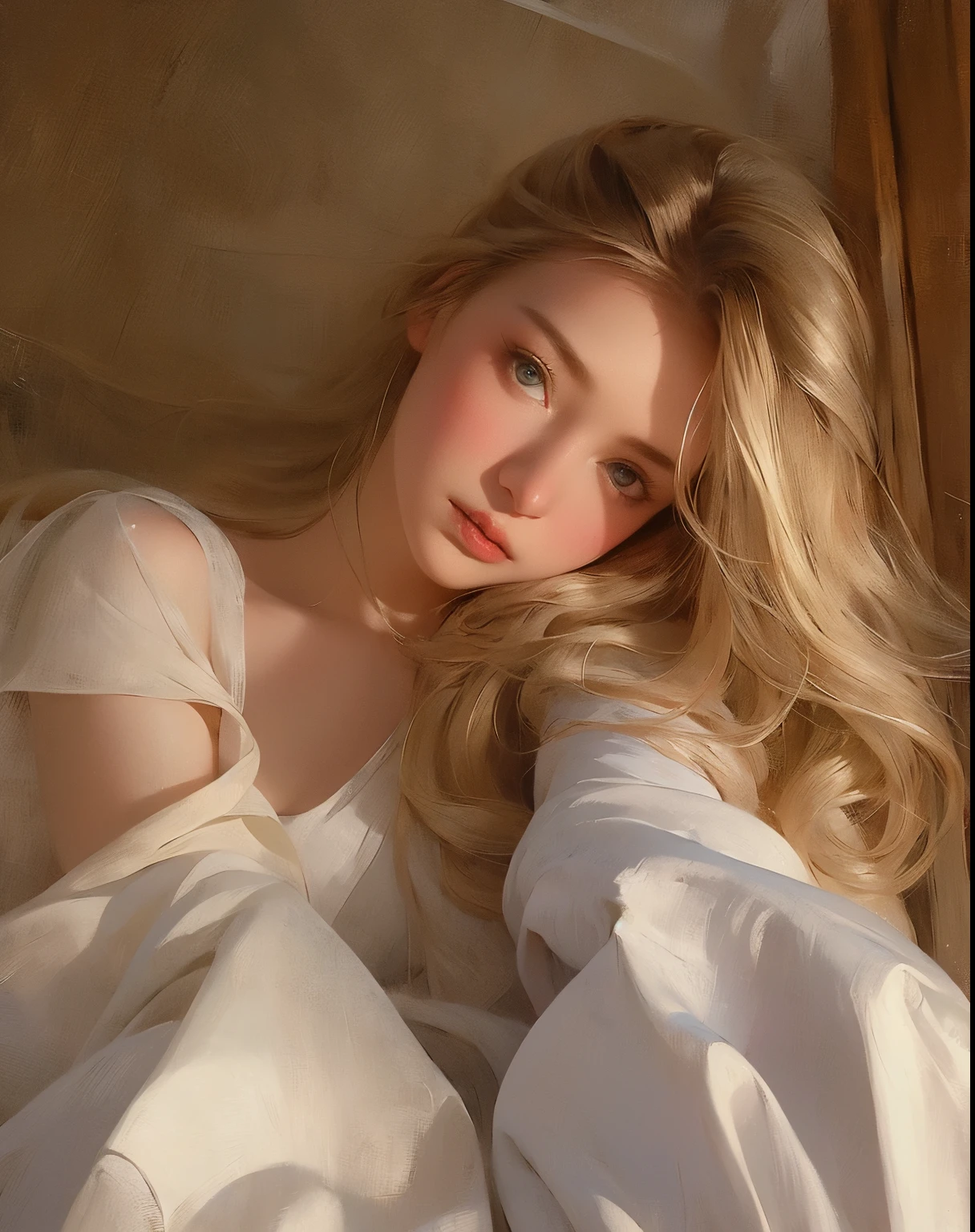 Blonde woman lying in bed with white sheets and white sheets, Yelena Belova, Please continue, Taran Dasha, Portrait of Kim Petra, Julia Gorokhova, what makeup, Anna Nikonova, AKA New Milky, Angelina Stroganova, Anastasia Ovchinnikova, Victoria Gavrilenko, pose on bed, perfect face )