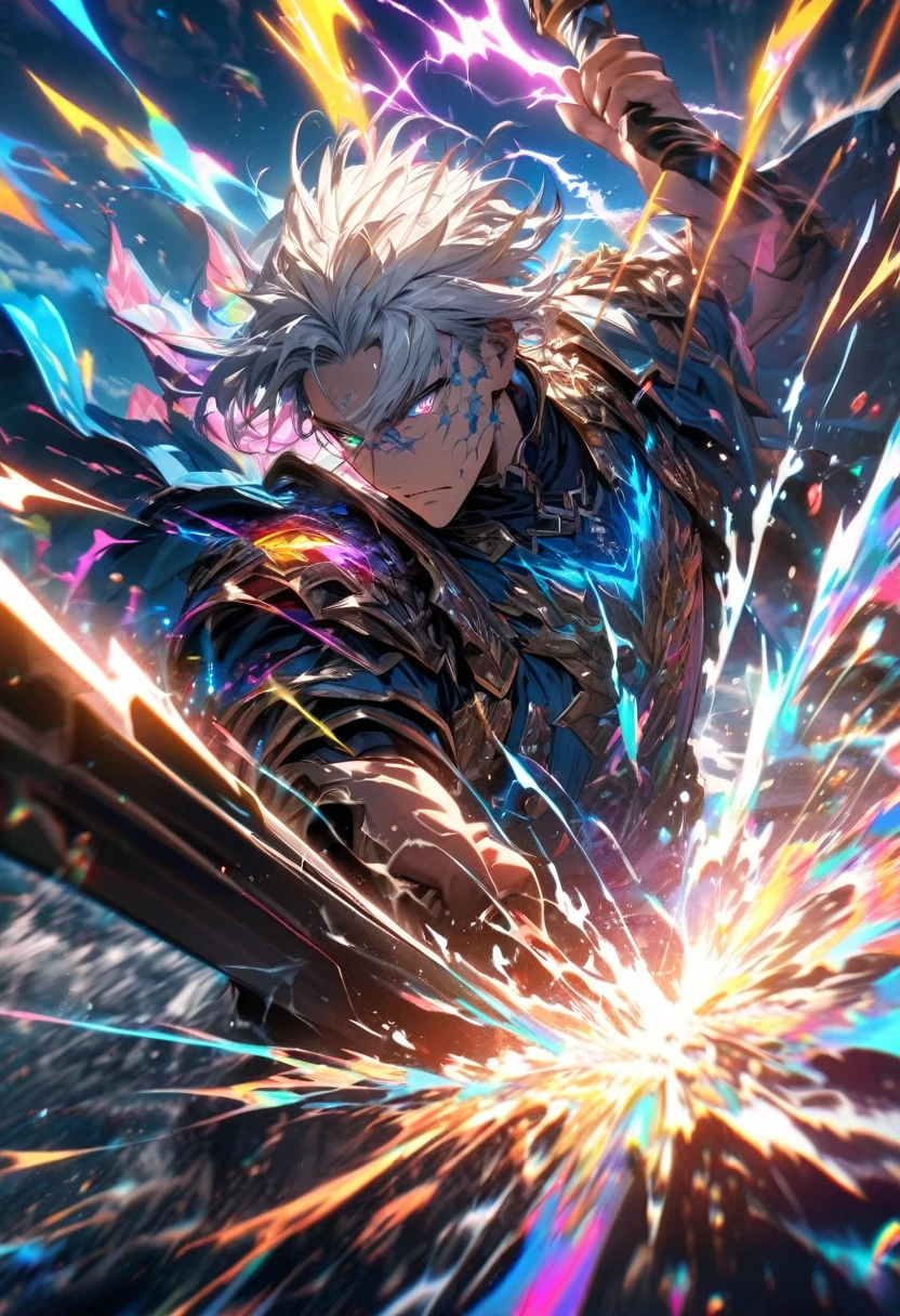 absurdres, highres, ultra detailed, HDR, masterpiece, extremely detailed face and eyes, dragon knight , colorful white hair , , solo, man, handsome, holding weapon, , Epic fight scene, colorful water splashing effect,colorful lightning  effect,glowing glitters