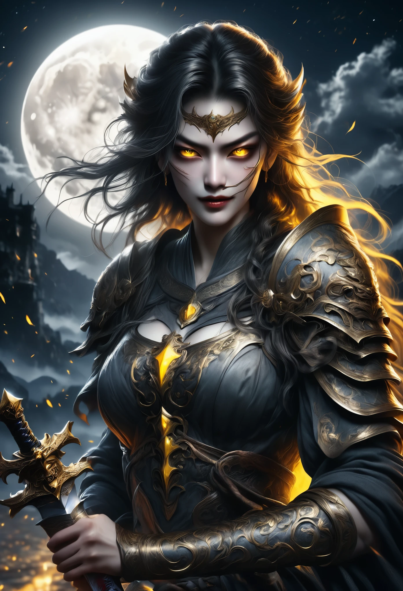 a woman with glowing yellow eyes, sharp teeth, holding a sword, moonlit night, spot color, highly detailed, photorealistic, 8k, ultra-detailed, hyper-realistic, cinematic lighting, volumetric lighting, atmospheric, dramatic