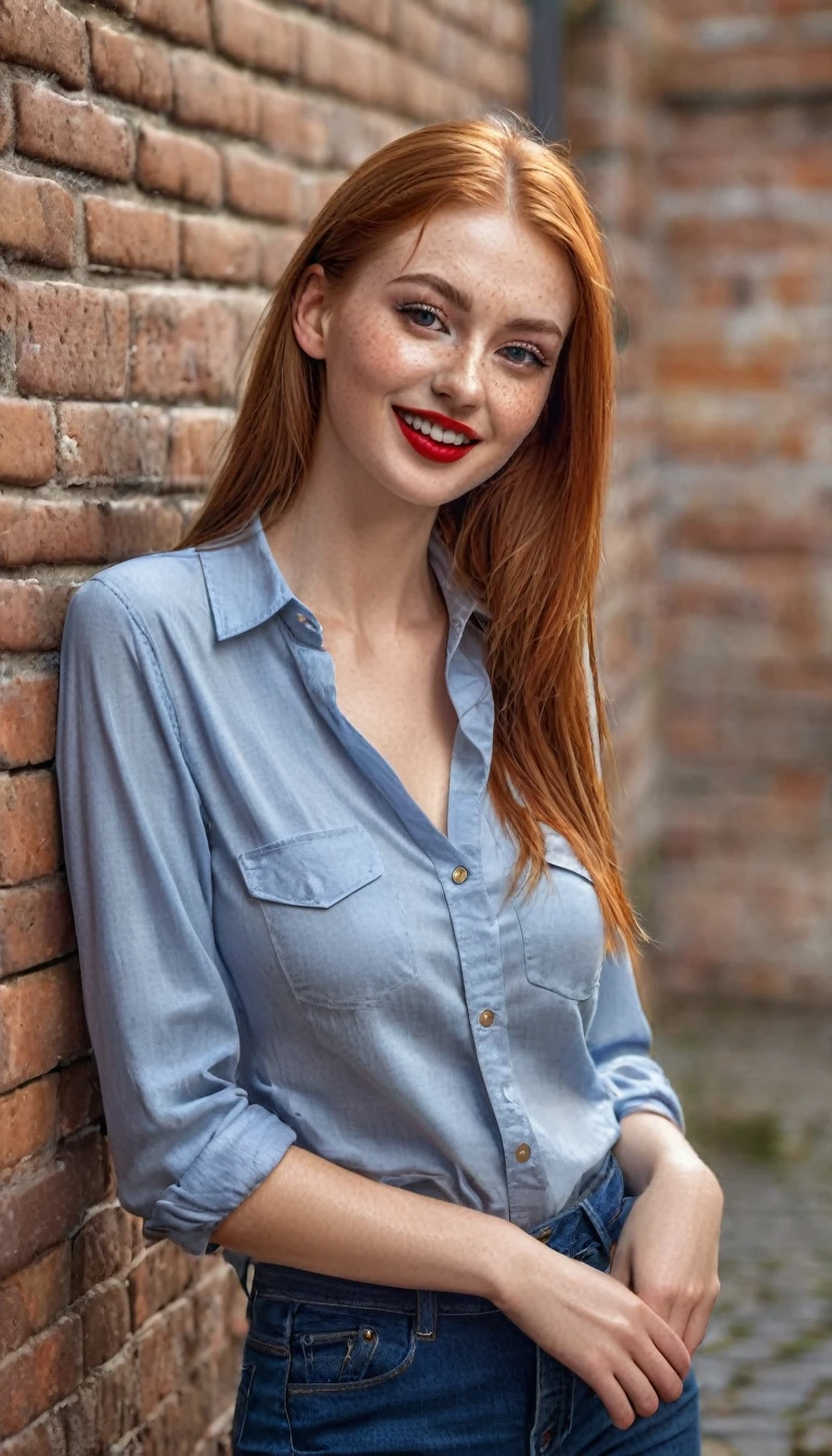 hyperrealistic beautiful busty 19-year-old woman with long legs wearing casual shop-clerk outfit, model shooting full body photography, natural redhead very long straight hair, freckles, soaky wet skin, dark eye makeup with eyeliner, seductive smile, red lips, 8K, Best quality, Meisterwerk, ultra high resolution, (Realismus: 1.4), Originalfoto, (realistische Hautstruktur: 1.3), (Filmkorn: 1.3), (Selfie-Winkel), 1 girl, Beautiful round hazel eyes and facial details, Meisterwerk, Best quality, outdoor photography in front of an old brickwall, nsfw
