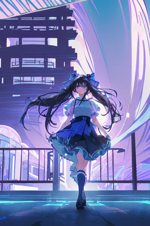 ((masterpiece)), (((HDR))), ((best quality)), (ultra high quality), (hi-res), ((1 anime girl)) (((pastel purple eyes))), beautiful eyes, detailed eyes, ((teen)), (((blue black hair))), (bangs), tied hair, ((long straight hair)), (((small breast))), (((zettai ryouiki))), (plump thighs), (thin waist), (((thigh gap))), ((happy expression)), (smile), crooked tooth, sharp tooth, cute, facing camera, ((looking up at camera)), (leaning forward), bend at waist, (skirt), (idol clothes), (clothing color blue white gold), (short-sleeved), ruffles, bows, standing, point, walking, in the city, outside, buildings, sidewalk, daytime, sunlight on face, noon, bright sun, city scenery, crosswalk, birds