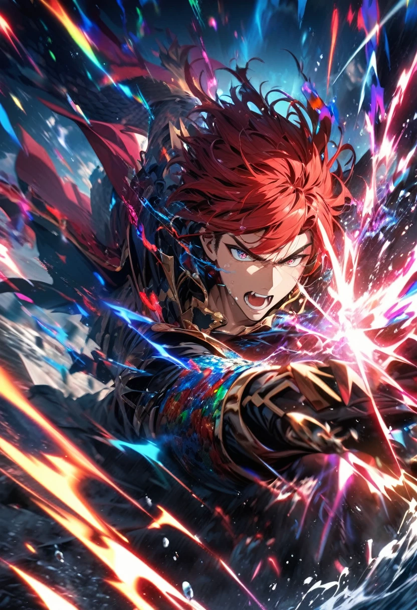 absurdres, highres, ultra detailed, HDR, masterpiece, extremely detailed face and eyes, dragon knight , colorful red hair , , solo, man, handsome, , , Epic fight scene, colorful water splashing effect,colorful lightning effect,glowing glitters
