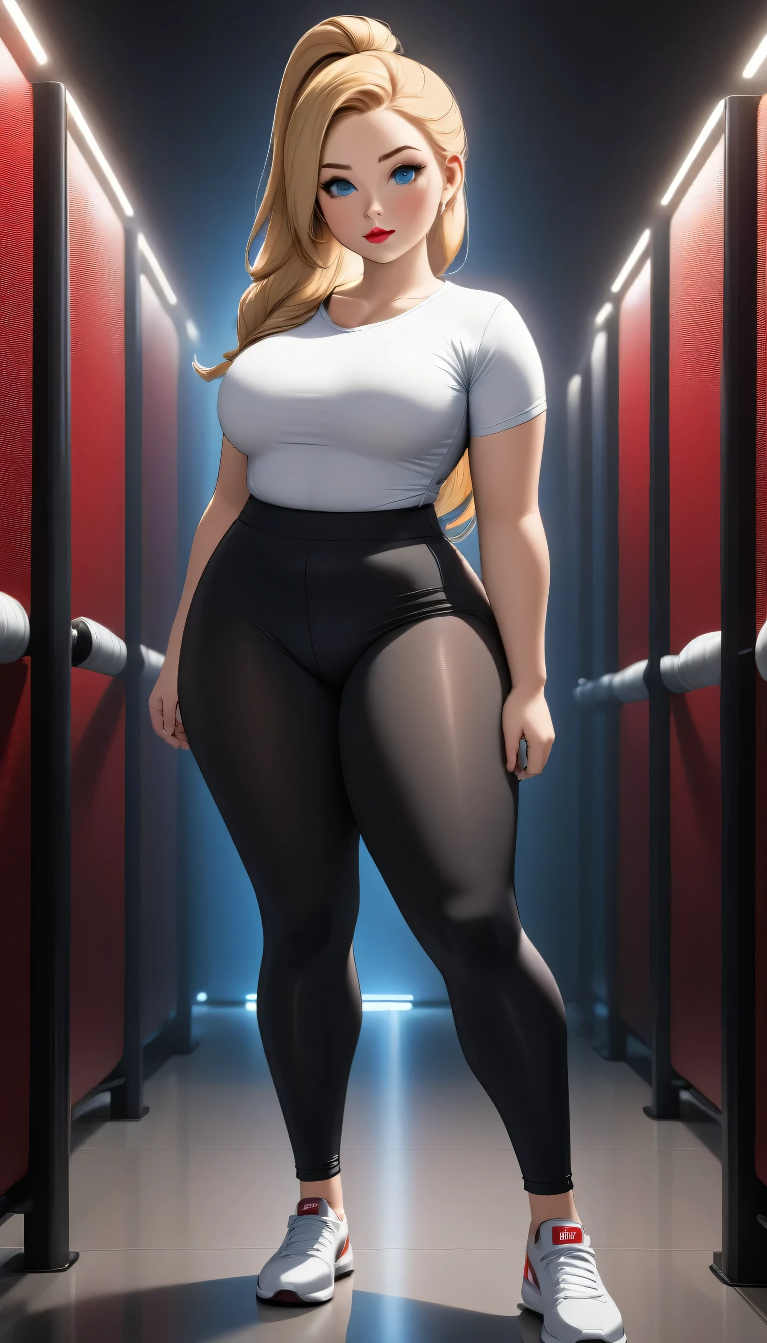 Chubby curvy, girl teen, cute, 15yo, blonde hair, long ponytail, blue eyes rounded,ina dark room, red lipstick, Beautiful, full body view, wearing sexy legging pants white, t-shirt tight cleavage, wide hips, ultra-detailed, realistic, 4k, high-res 