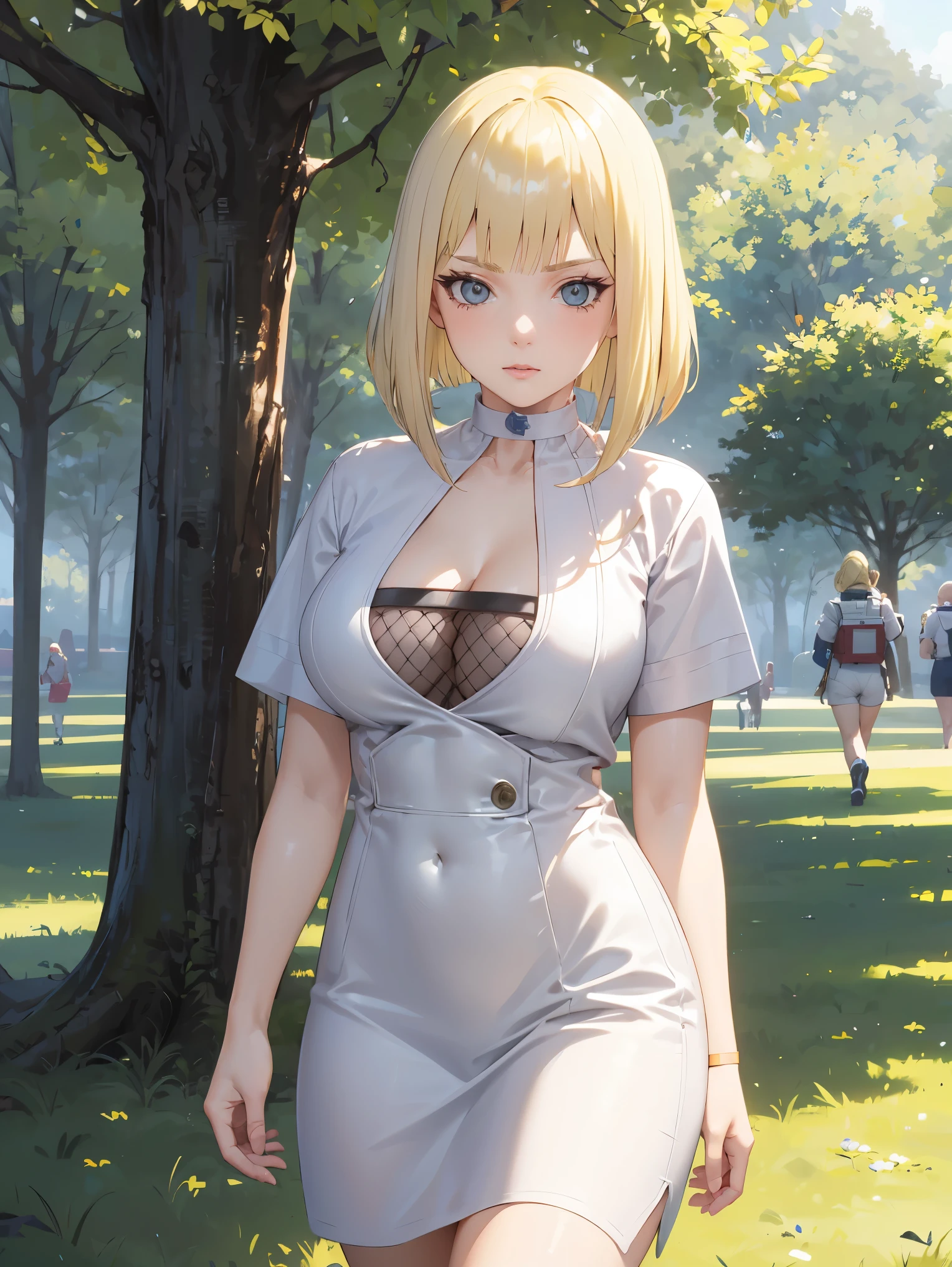 1 adult woman,astronaut uniform,1woman,samui, choker, ((Blonde hair:1.5)),Looking at viewer,Walk, In the park, ultra detail, ultra HD