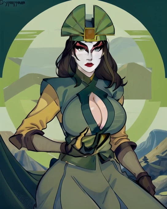 kyoshi, green eyes, makeup, eyeshadow, red lips, helmet, headdress, neutral expression, cowboy shot, green dress, gloves, black gloves, mountain, ((huge breasts, great cleavage, detailed green eyes, anatomical body))