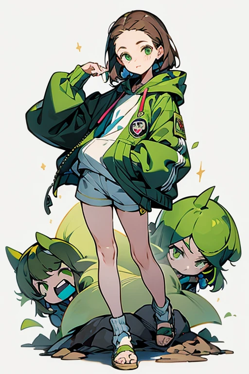 eye, exposed ,15 years old、juvenile, Forehead、 green_eye, Brown_hair, Hello, have, Jacket、hoodie、Shoulder Bare、Large hood、Brownのhair, Shorts、feet、Thighs、white background, full body