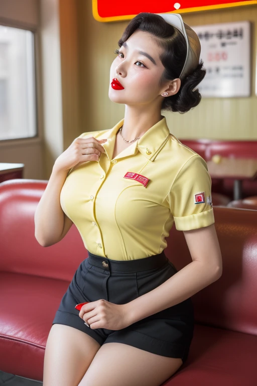 1952, Seoul, (((1 korean young girl and 1 old korean man facing each other))), {(1 korean young girl), (best quality, 4k, 8k, high res, masterpiece:1.2), ultra-detailed, (photo-realistic:1.37), ((best quality)), ((masterpiece)), (detailed), ((big breasts, strikingly beautiful, delicate facial features, porcelain skin, expressive eyes, black hair, red lips)), ((a waitress from the 1950s in a sexy short tight uniform shirt tiny shorts showing)), 1950s make-up and hair, sitting on the sofa, ((classic 1950s curvy hour-glass pin-up girl figure in a relaxed pose))}, ((1950s diner with lots of bright yellows and reds in the decore)), (((60 years old korean man wearing business suit))), (((60 years old korean man hugging on korean young girl's chest))), focus on old man,