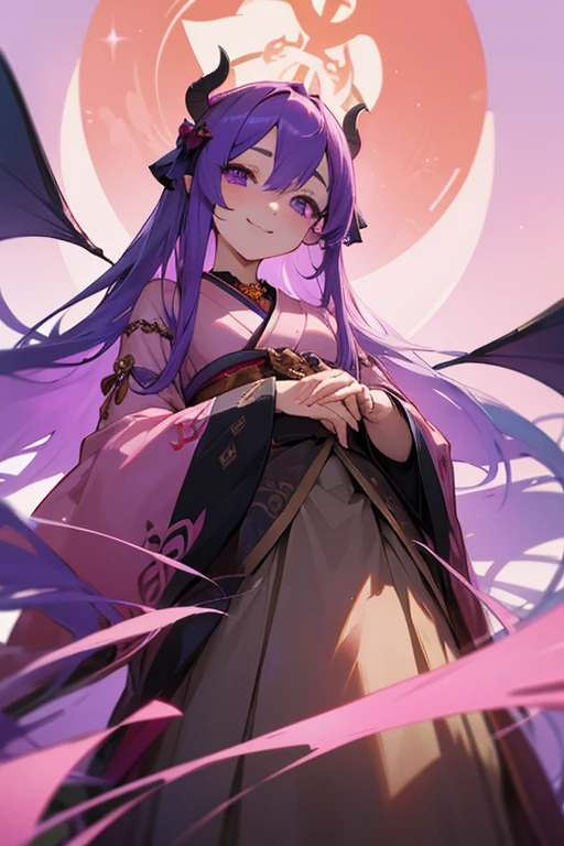 Succubus、Cute tail、Bronze Pink God、delicate、masterpiece、highest quality、cute、A seductive smile、Japanese、Clothes、beautiful、Full Color、chest、From below、Focus on the eyes、Long Hair、woman、young、Purple eyes、