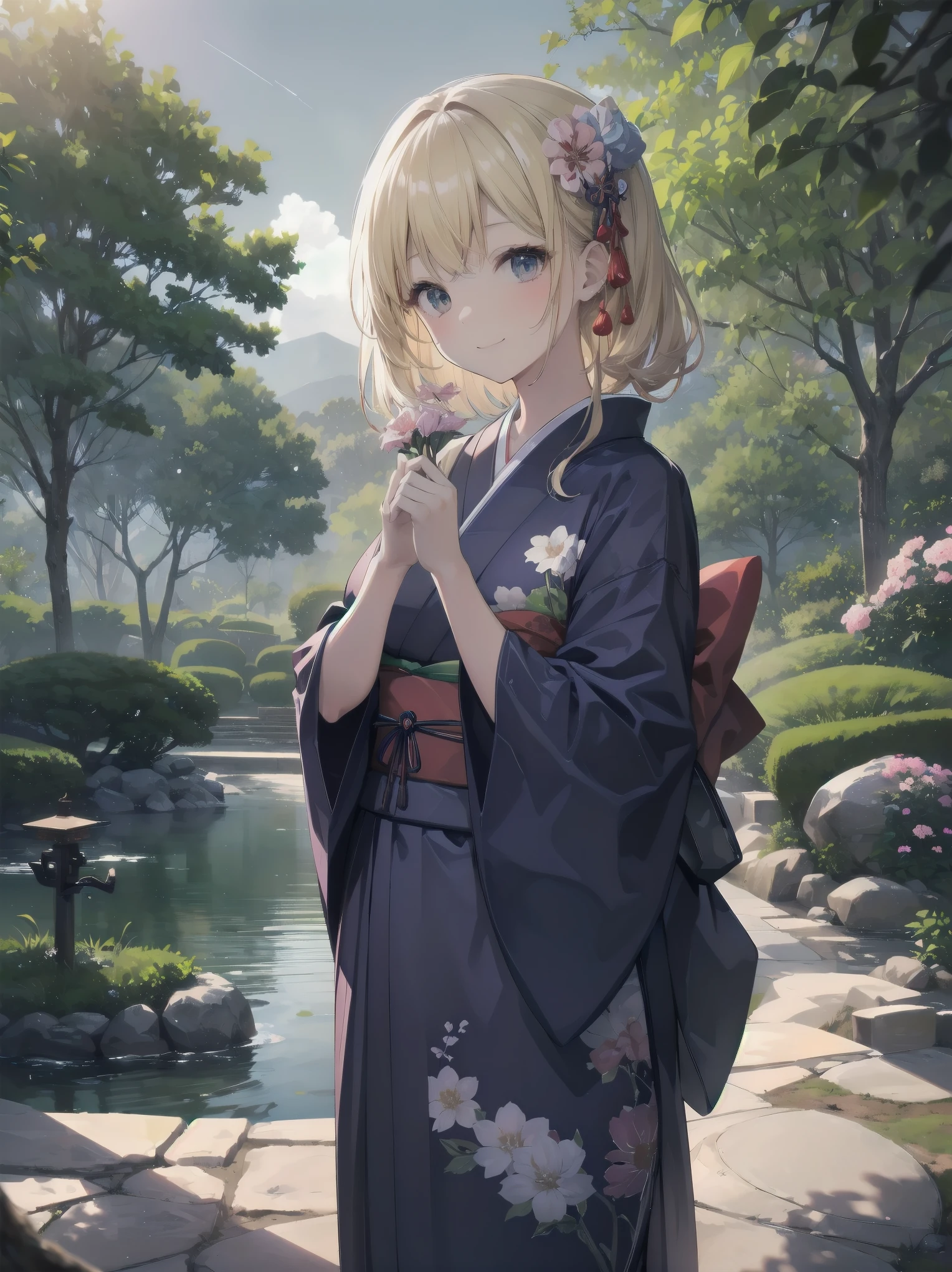 Subject: pretty beautiful girl
Subtitle: {Long, straight blonde hair}{Japanese-style yukata}{Posing picking flowers}{Japanese garden}{Smiling demurely}{Mirrorless camera, f/1.8, 1/400 sec, ISO 800, soft focus effect}
A beautiful girl with long, straight blonde hair stands in a quiet Japanese garden. She is wearing a beautiful Japanese yukata and is elegantly picking flowers. Her modest smile enhances her elegance and makes for a memorable scene. In the background is a lush green Japanese garden, which gives the scene a traditional beauty. The photo was taken with a mirrorless camera at f/1.8 aperture, shutter speed 1/400 sec, ISO 800, and the soft-focus effect adds to the soft, magical atmosphere.