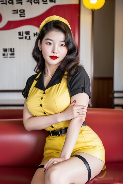1952, Seoul, (((((1 korean young girl and 1 old korean man facing each other))))), {(1 korean young girl), (best quality, 4k, 8k, high res, masterpiece:1.2), ultra-detailed, (photo-realistic:1.37), ((best quality)), ((masterpiece)), (detailed), ((big breasts, strikingly beautiful, delicate facial features, porcelain skin, expressive eyes, black hair, red lips)), ((a waitress from the 1950s in a sexy short tight uniform shirt tiny shorts showing)), 1950s make-up and hair, sitting on the sofa, ((classic 1950s curvy hour-glass pin-up girl figure in a relaxed pose))}, ((1950s diner with lots of bright yellows and reds in the decore)), (((60 years old korean man wearing business suit))), (((((60 years old korean man hugging on korean young girl's chest)))), (focus on old man),