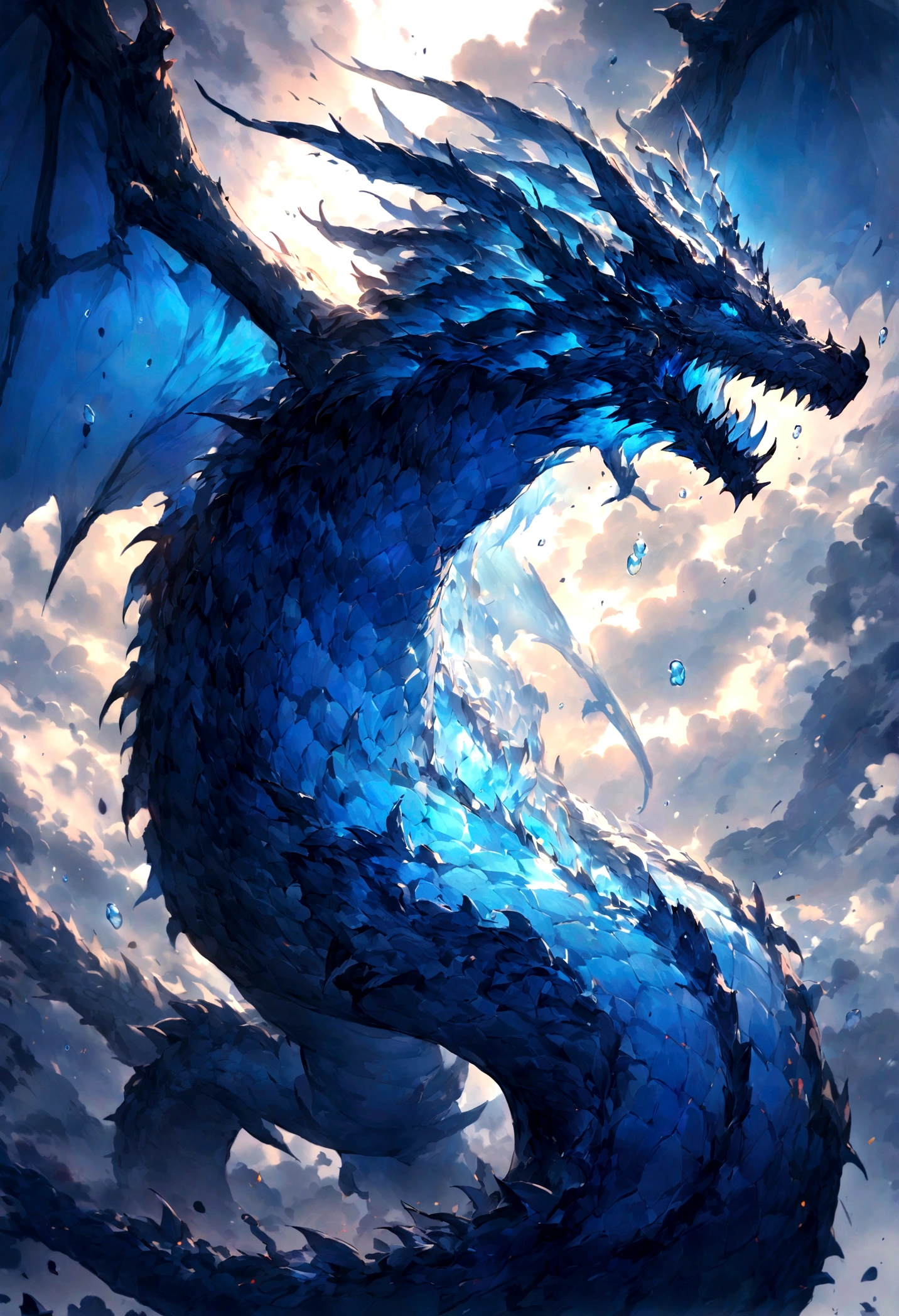 （Handsome boy riding a dragon），Play the flute with your eyes closed，Blue Blue Water Dragon，Waveform，The air is filled with water droplets，Cloud effect：1.5,Elongated dragon body，elevation，Vision，Super Detail，highest quality，masterpiece，（8k，Very detailed，magnificent work of art