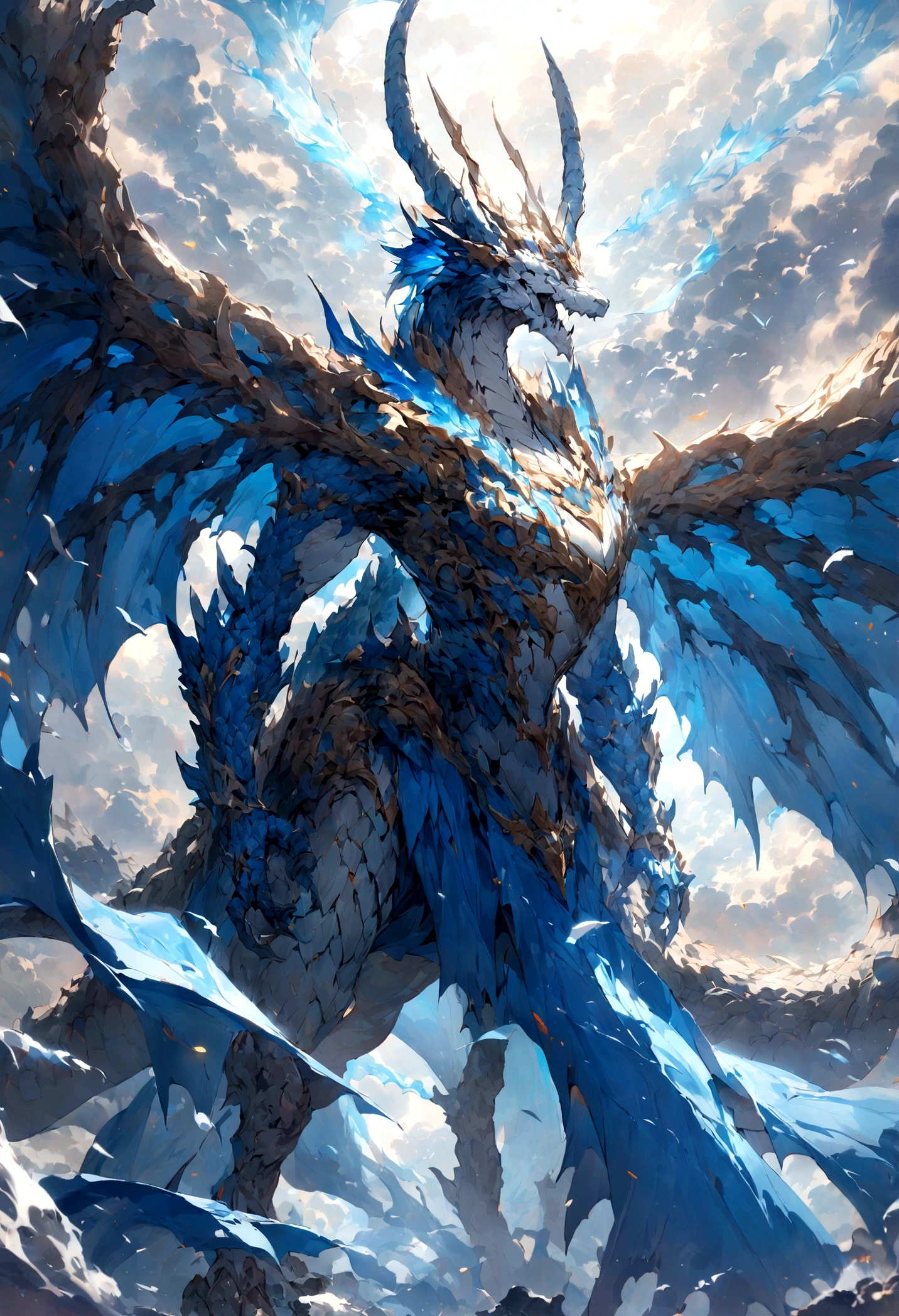 (Handsome boy riding a dragon),Play the flute with your eyes closed,Blue Blue Water Dragon,Waveform,The air is filled with water droplets,Cloud effect:1.5,Elongated dragon body,elevation,Vision,Super Detail,highest quality,masterpiece,(8k,Very detailed,magnificent work of art
