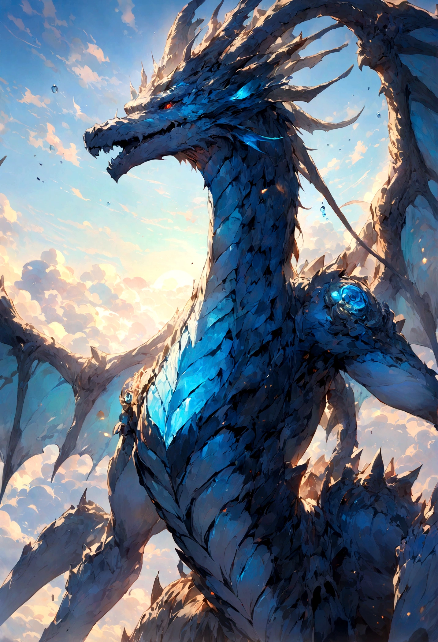 （Handsome boy riding a dragon），Play the flute with your eyes closed，Blue Blue Water Dragon，Waveform，The air is filled with water droplets，Cloud effect：1.5,Elongated dragon body，elevation，Vision，Super Detail，highest quality，masterpiece，（8k，Very detailed，magnificent work of art