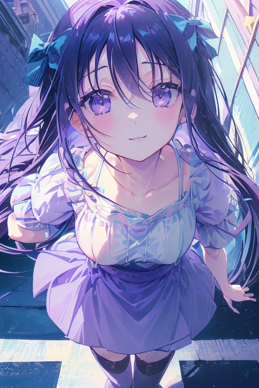 ((masterpiece)), (((HDR))), ((best quality)), (ultra high quality), (hi-res), ((1 anime girl)) (((pastel purple eyes))), beautiful eyes, detailed eyes, (()), (((blue black hair))), (bangs), tied hair, ((long straight hair)), (((small breast))), (((zettai ryouiki))), (plump thighs), (thin waist), (((thigh gap))), ((happy expression)), (smile), crooked tooth, sharp tooth, cute, facing camera, ((looking up at camera)), (leaning forward), bend at waist, (skirt), (idol clothes), (clothing color blue white gold), (short-sleeved), ruffles, bows, standing, point, walking, in the city, outside, buildings, sidewalk, daytime, sunlight on face, noon, bright sun, city scenery, crosswalk, birds