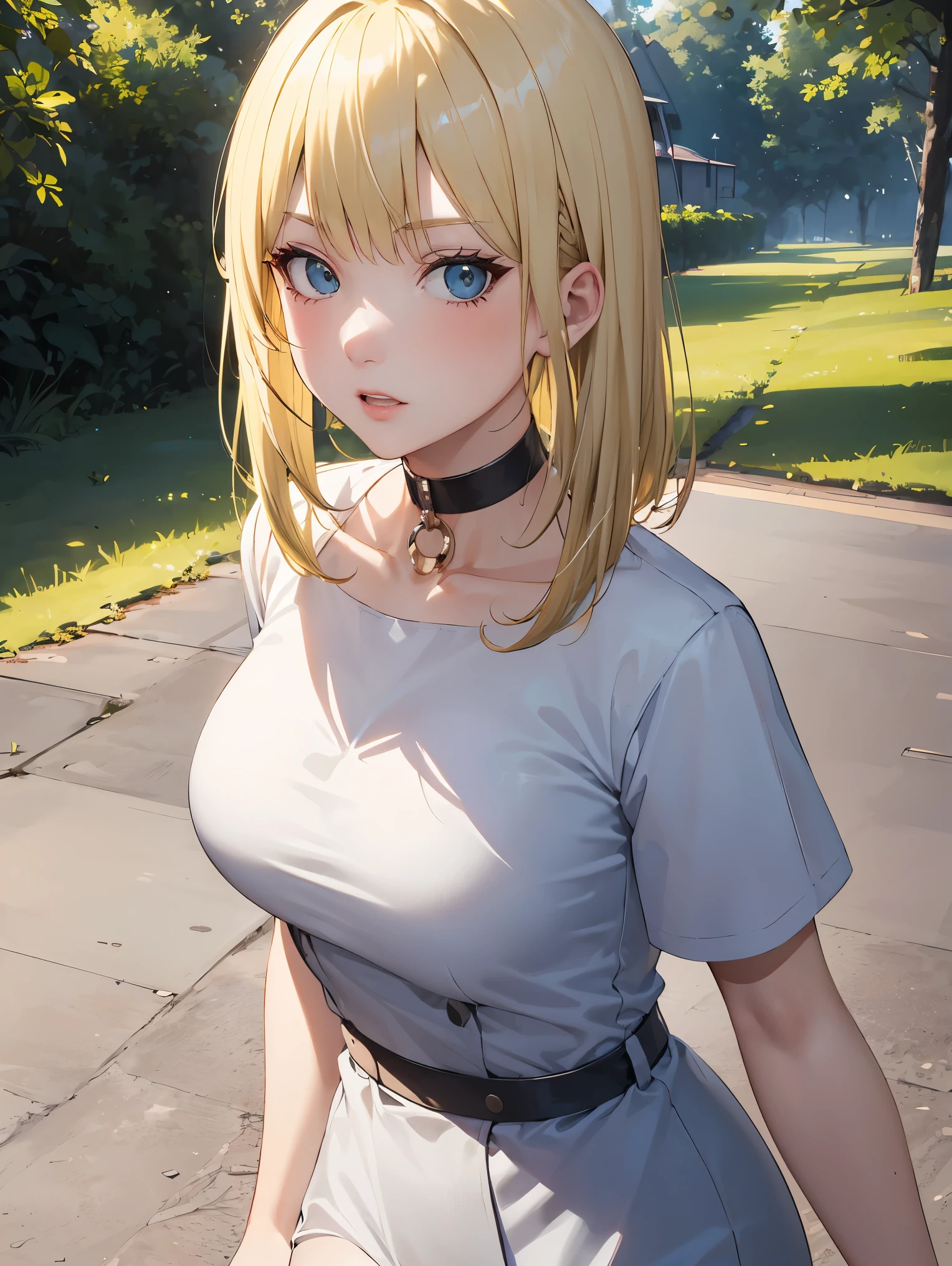 1 adult woman,astronaut uniform,1woman,samui, choker, ((Blonde hair:1.5)),Looking at viewer,Walk, In the park, ultra detail, ultra HD