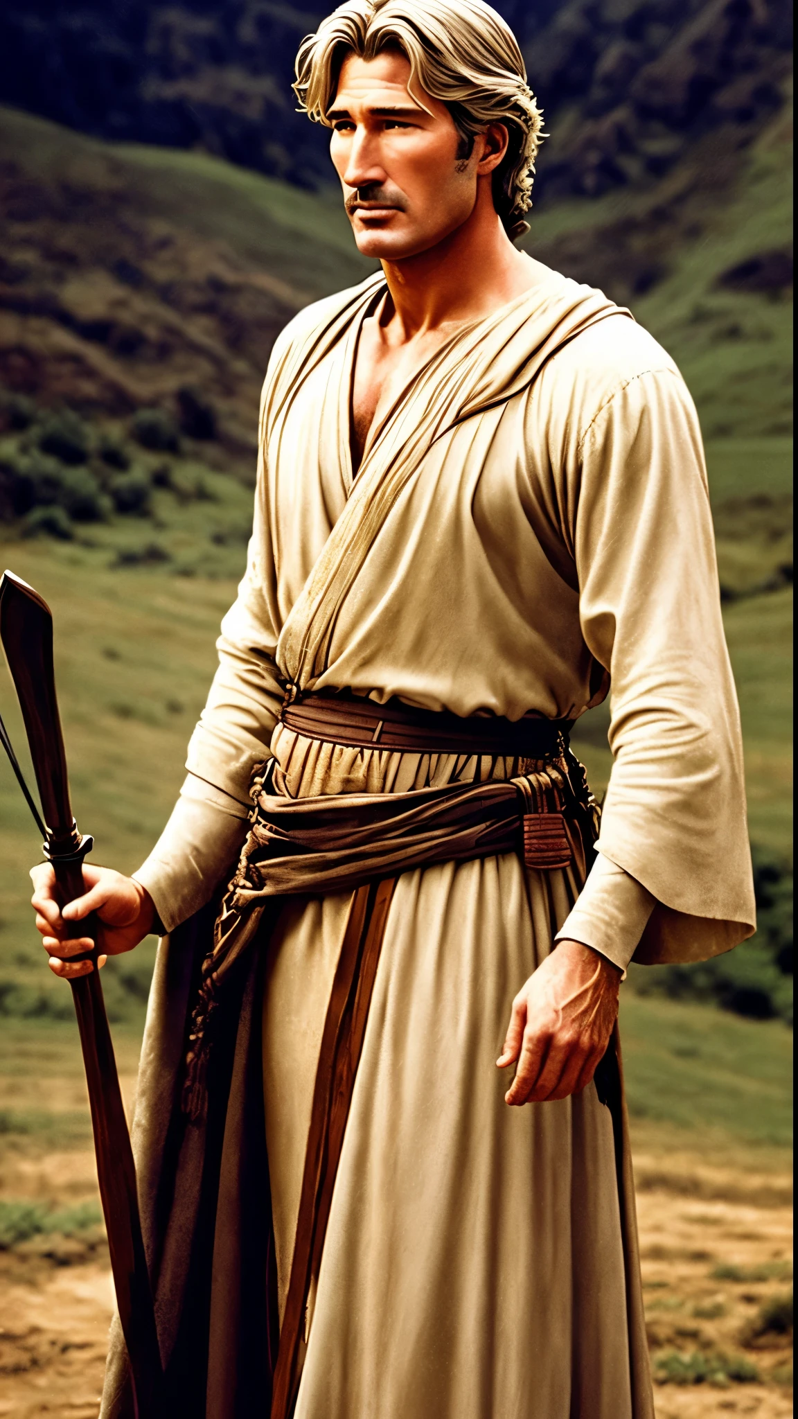 movie「King David」In the enchanting scene of、Richard Gere is brilliantly portrayed as the legendary hero.。This masterpiece was shot in 8K and ultra-high resolution.、An incredibly detailed depiction of the iconic duel between David and Goliath。Soft cinematic lighting illuminates the scene、Create HDR effects with sharp focus that brings drama to life。Intricate detail in Richard Gere's expressive face and intense eyes、And with photorealistic rendering、The premium quality photos were taken with a Canon EOS R5 in 35mm frame.。This award-winning image