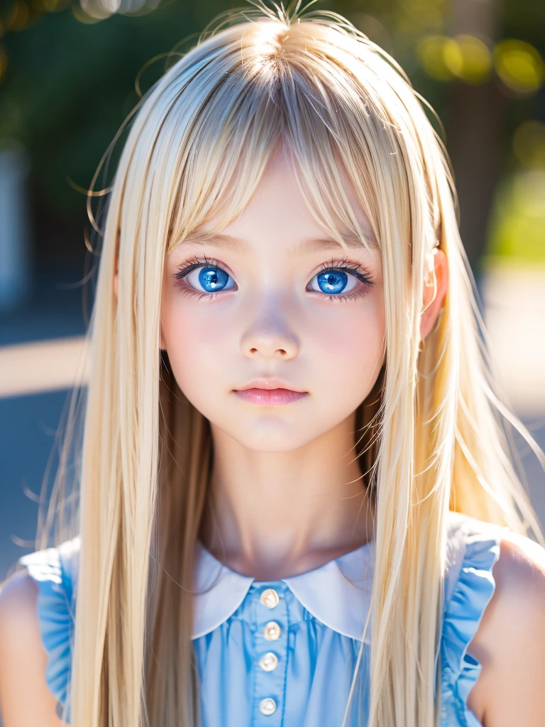 Beautiful girl、Portraiture、、blue sky、Bright and beautiful face、young, very white and shining skin、The ultimate beauty、Super long blonde hair that reflects light dazzlingly、Beautiful natural platinum blonde, super long, silky straight hair、Long bangs between the eyes,、An exceptionally beautiful 15-year-old、big, The Shining, clear, Bright Blue Eyes、Very big eyes、Small face girl、Round face、Cheek gloss highlighter