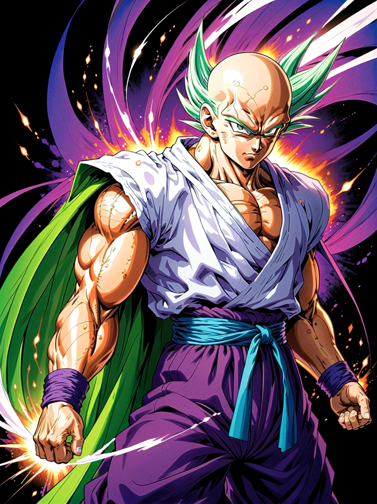 piccolo, 1boy, Male focus，solo，Green Skin，Pointed ears，Black eyes，Purple pants，purple dougi，White cape，White headscarf，blue sash，Looking at the audience，Dynamic poses，fighting，Explosion，Explosion Background，Martial arts tournament background