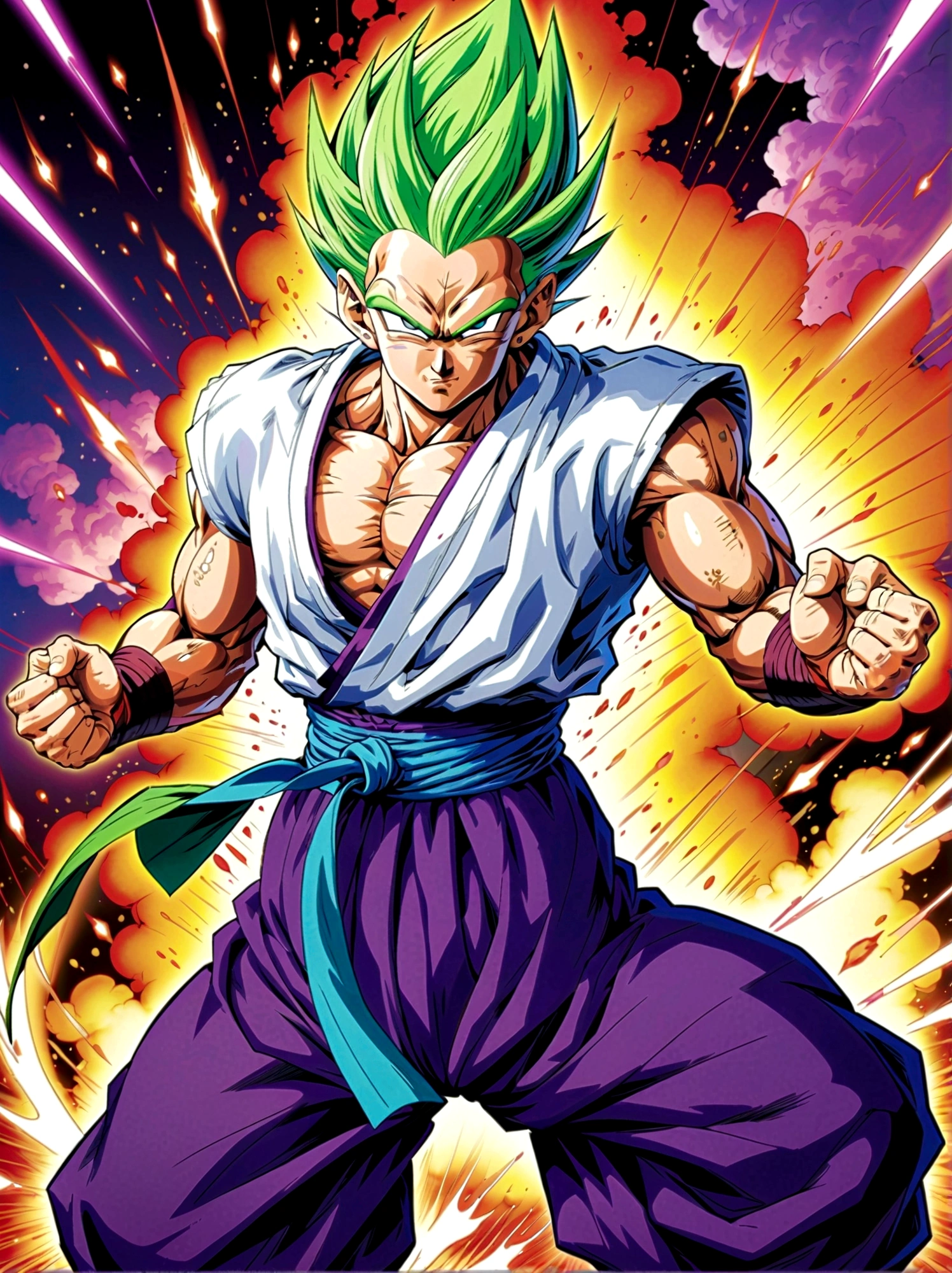 piccolo, 1boy, Male focus，solo，Green Skin，Pointed ears，Black eyes，Purple pants，purple dougi，White cape，White headscarf，blue sash，Looking at the audience，Dynamic poses，fighting，Explosion，Explosion Background，Martial arts tournament background