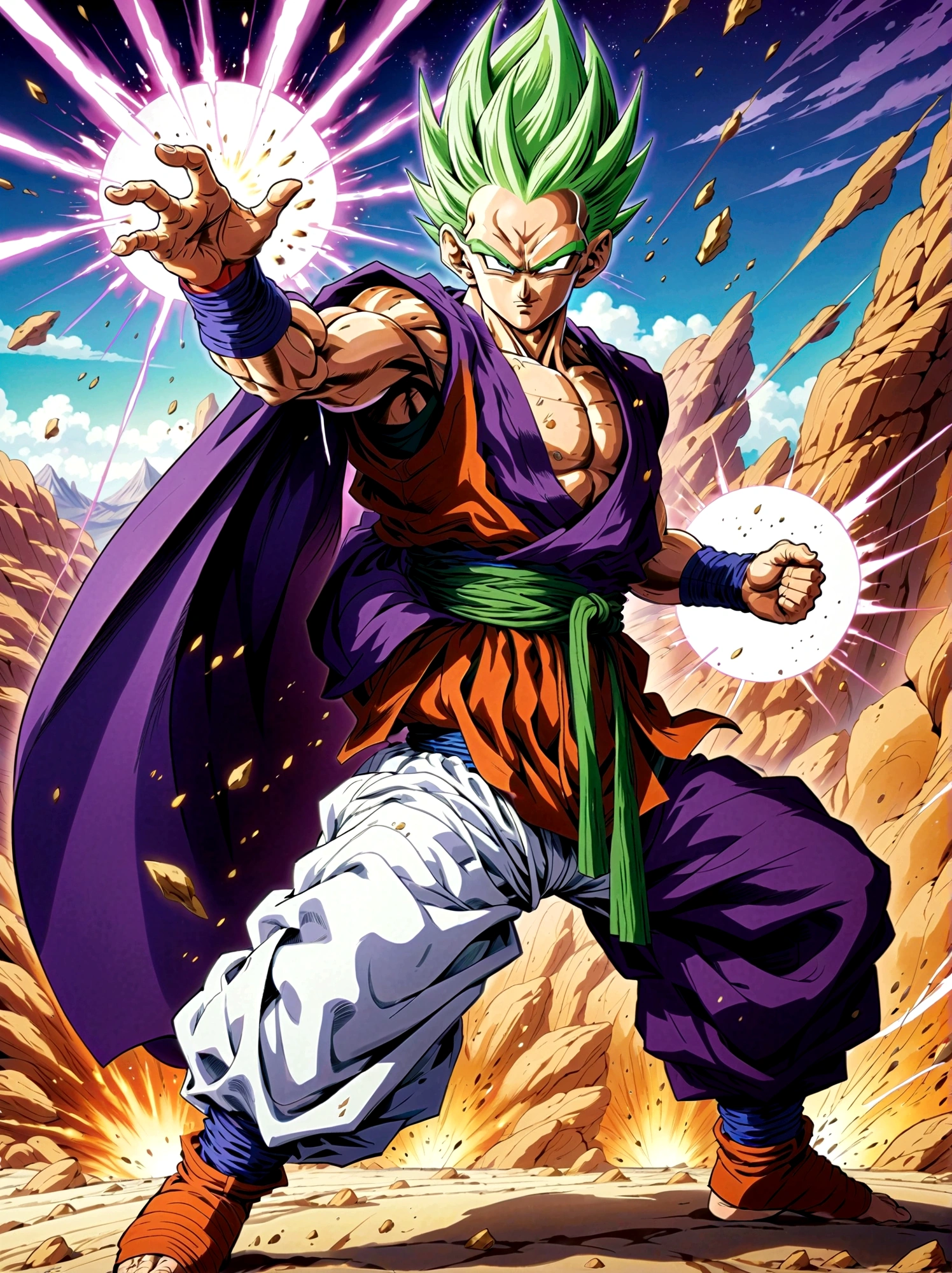 piccolo, 1boy, Male focus，solo，Green Skin，Pointed ears，Black eyes，Purple pants，purple dougi，White cape，White headscarf，blue sash，Looking at the audience，Dynamic poses，fighting，Explosion，Explosion Background，Martial arts tournament background