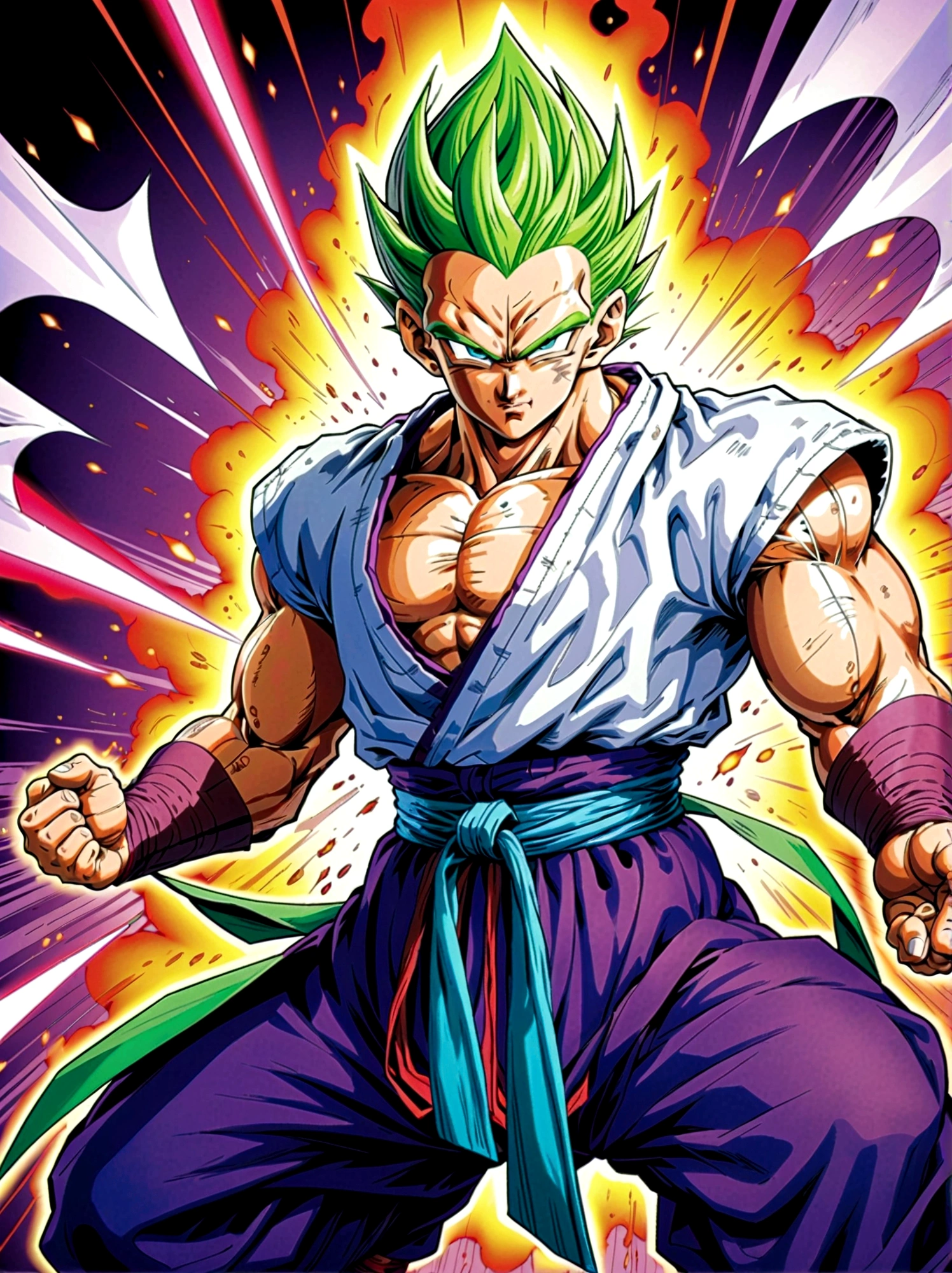 piccolo, 1boy, Male focus，solo，Green Skin，Pointed ears，Black eyes，Purple pants，purple dougi，White cape，White headscarf，blue sash，Looking at the audience，Dynamic poses，fighting，Explosion，Explosion Background，Martial arts tournament background