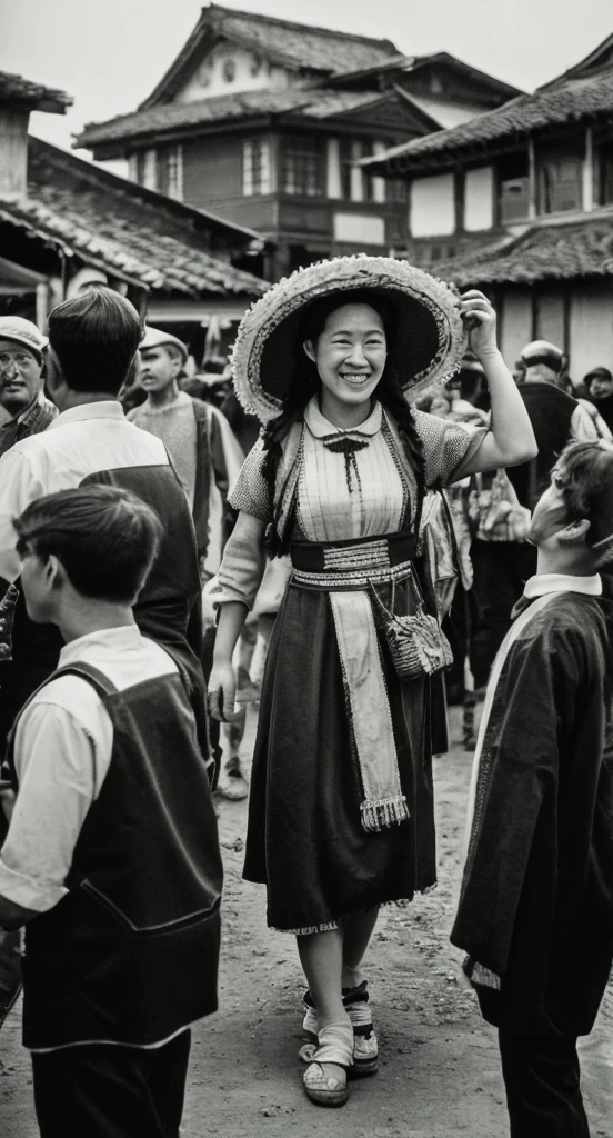 masterpiece, best quality, highres, hyper detailed, faded old photo, damaged, 1840s, Ancient asian cultural, fantasy, surreal,
a real 8 foot tall cow Head Warrior stands with the local villagers, giant, beard, traditional dress, armor, costume,
smile, crowd, children, outdoor, village scene, depth of field,