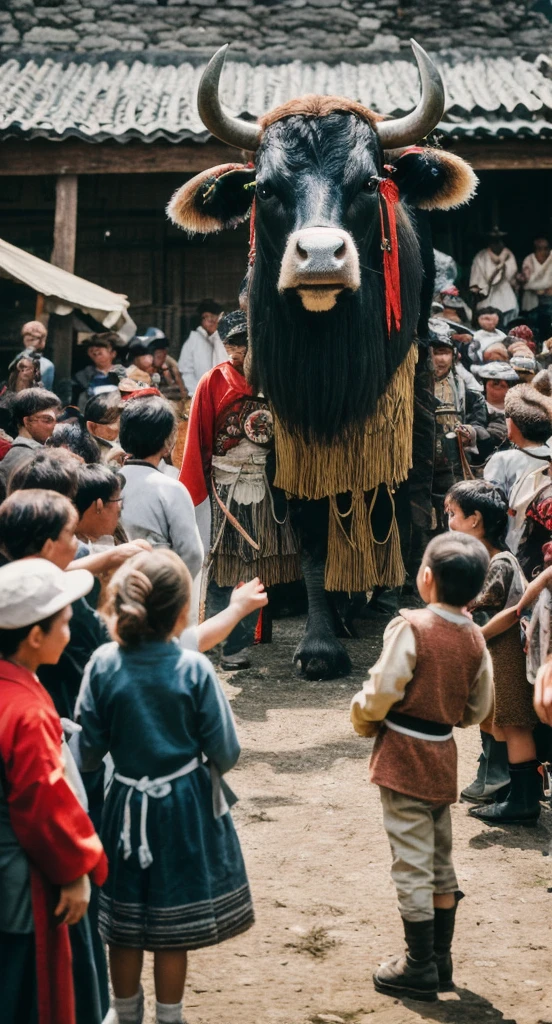 masterpiece, best quality, highres, hyper detailed, faded old photo, damaged, 1840s, Ancient asian cultural, fantasy, surreal,
a real 8 foot tall cow Head Warrior stands with the local villagers, giant, beard, traditional dress, armor, costume,
smile, crowd, children, outdoor, village scene, depth of field,