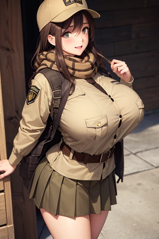 Mommy, huge brown hair, with very big and huge breasts, wearing a tactical brown uniform, pleated skirt, scarf, round trucker hat.